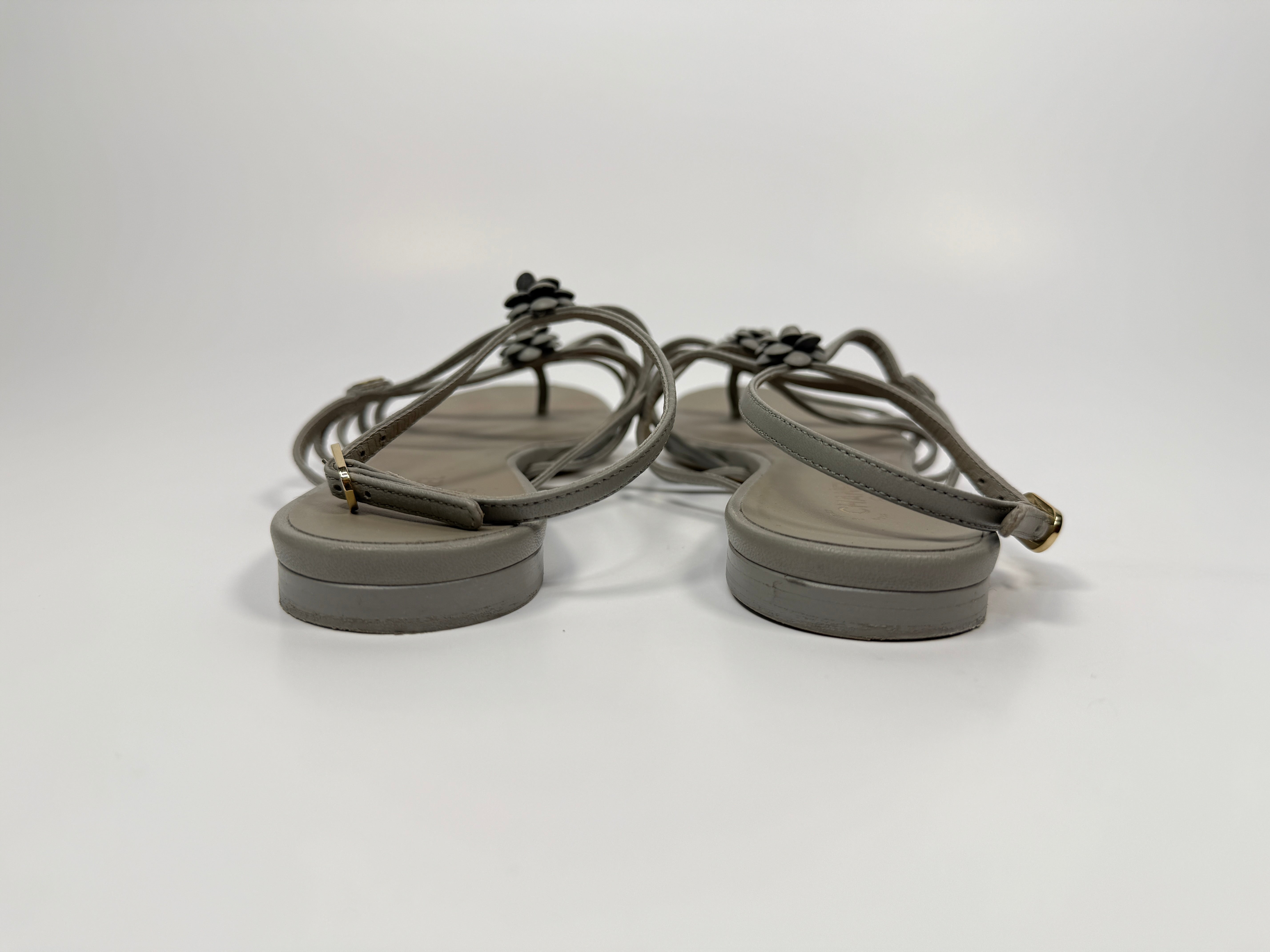Chanel Camellia Sandals In Grey Leather Size 39.5/UK6.5. Authentic And Preloved In Very Good Condition.