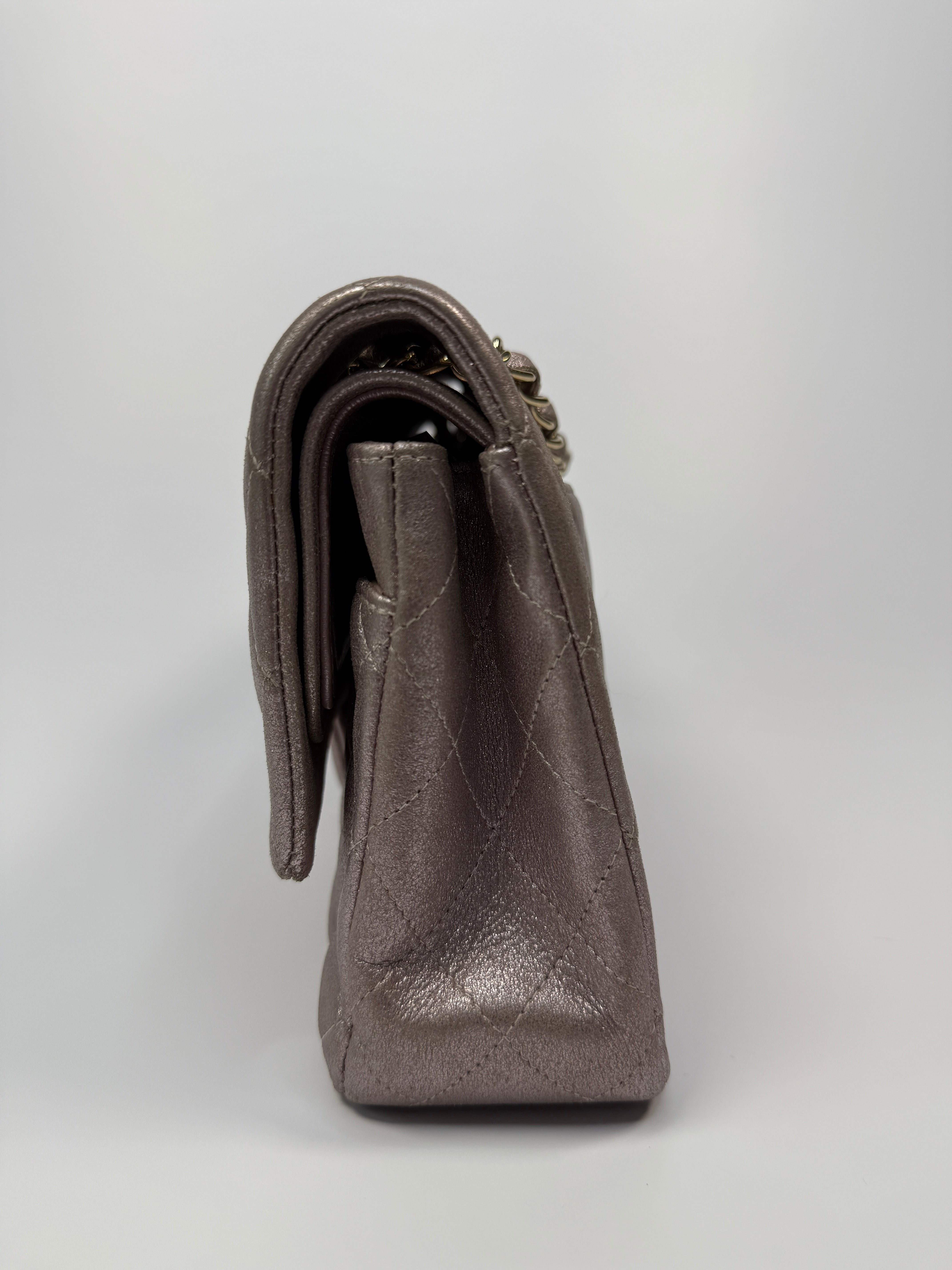 Authentic pre-loved Chanel Iridescent Rose Medium Classic Double Flap With Gold Hardware.