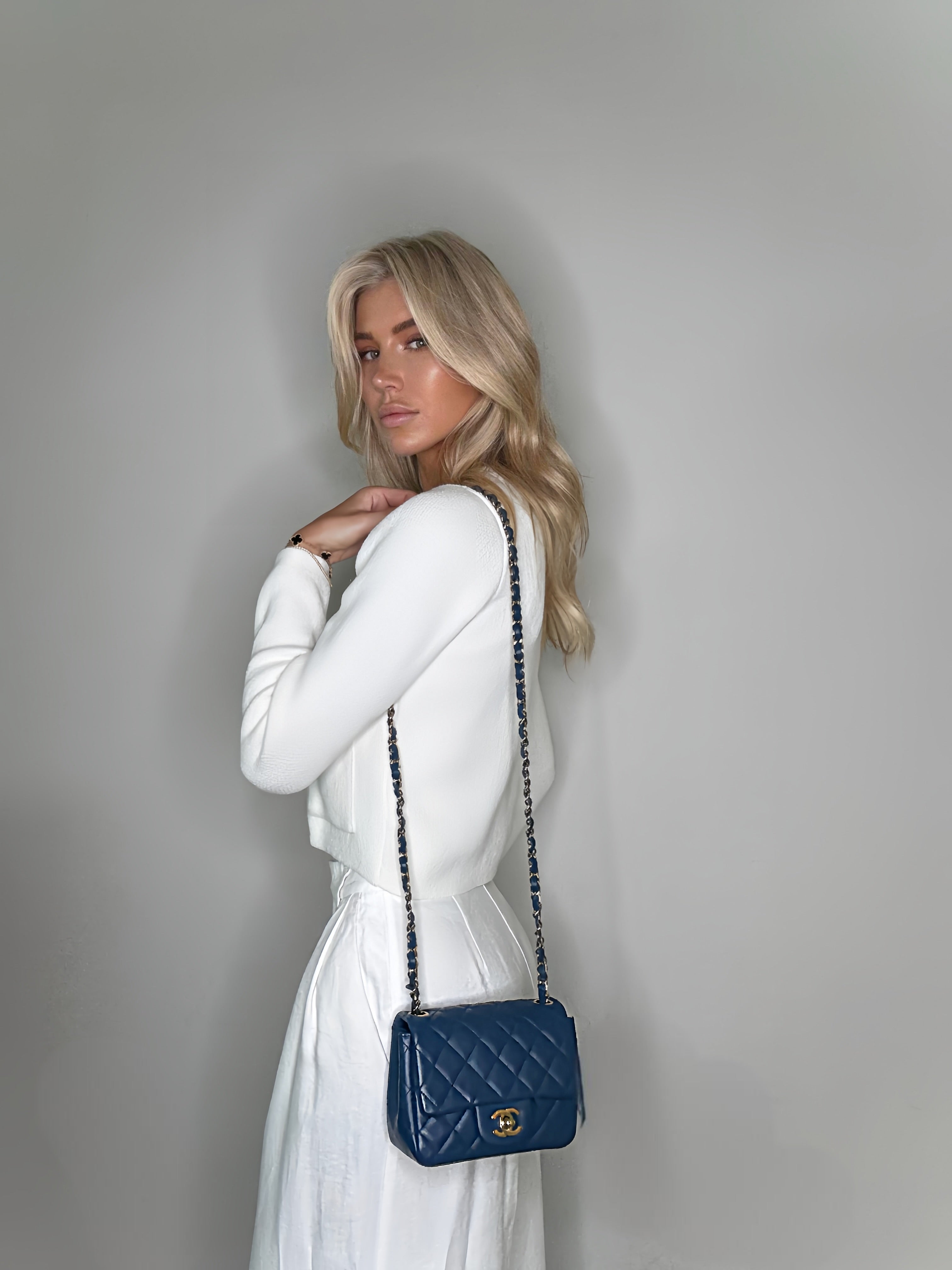 Chanel Mini Square In Navy Lambskin Leather With PGHW