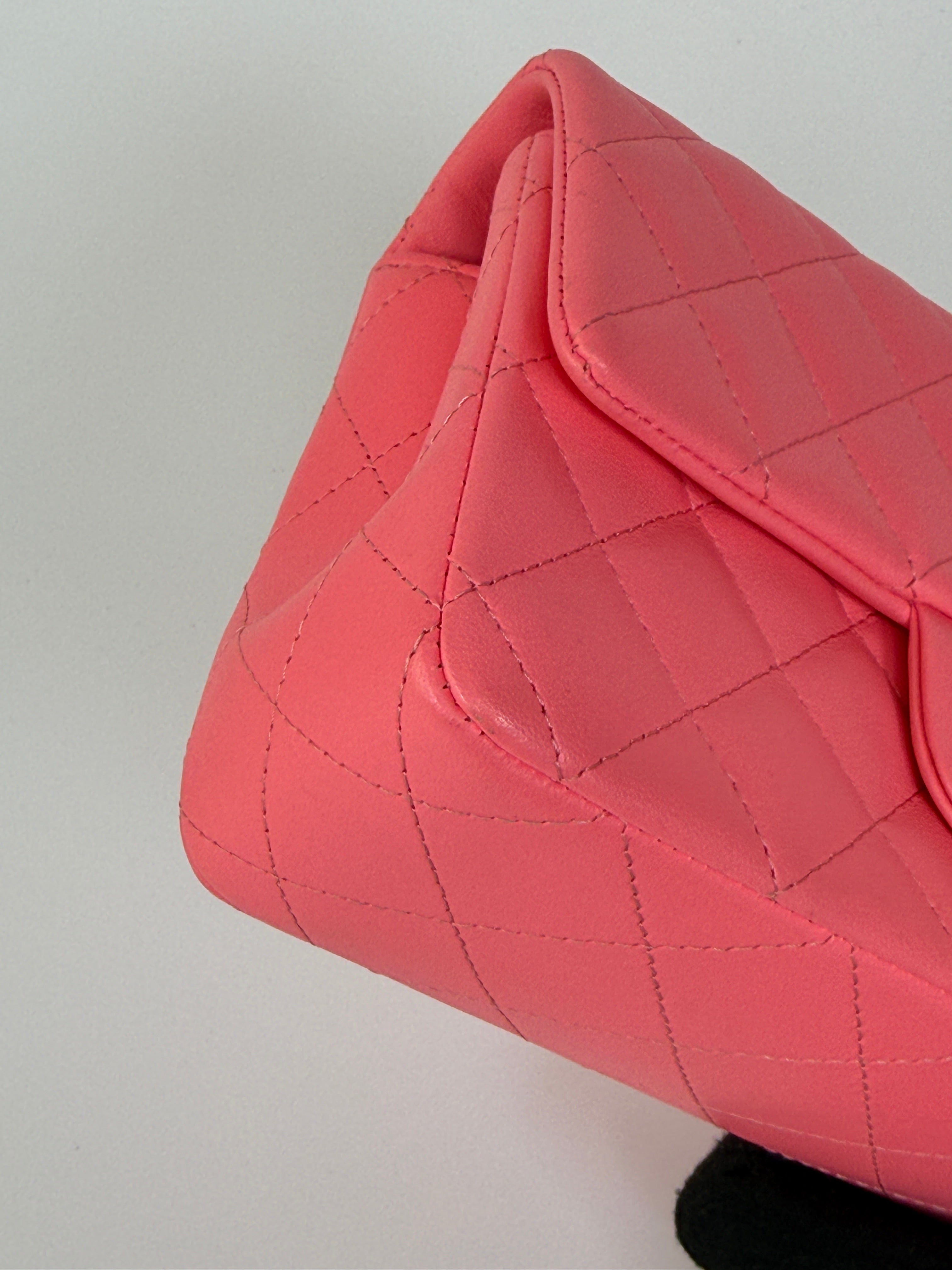 Chanel Mini Rectangle Flap Bag In Pink Lambskin With Black Hardware In Excellent Condition. Authentic and preloved.