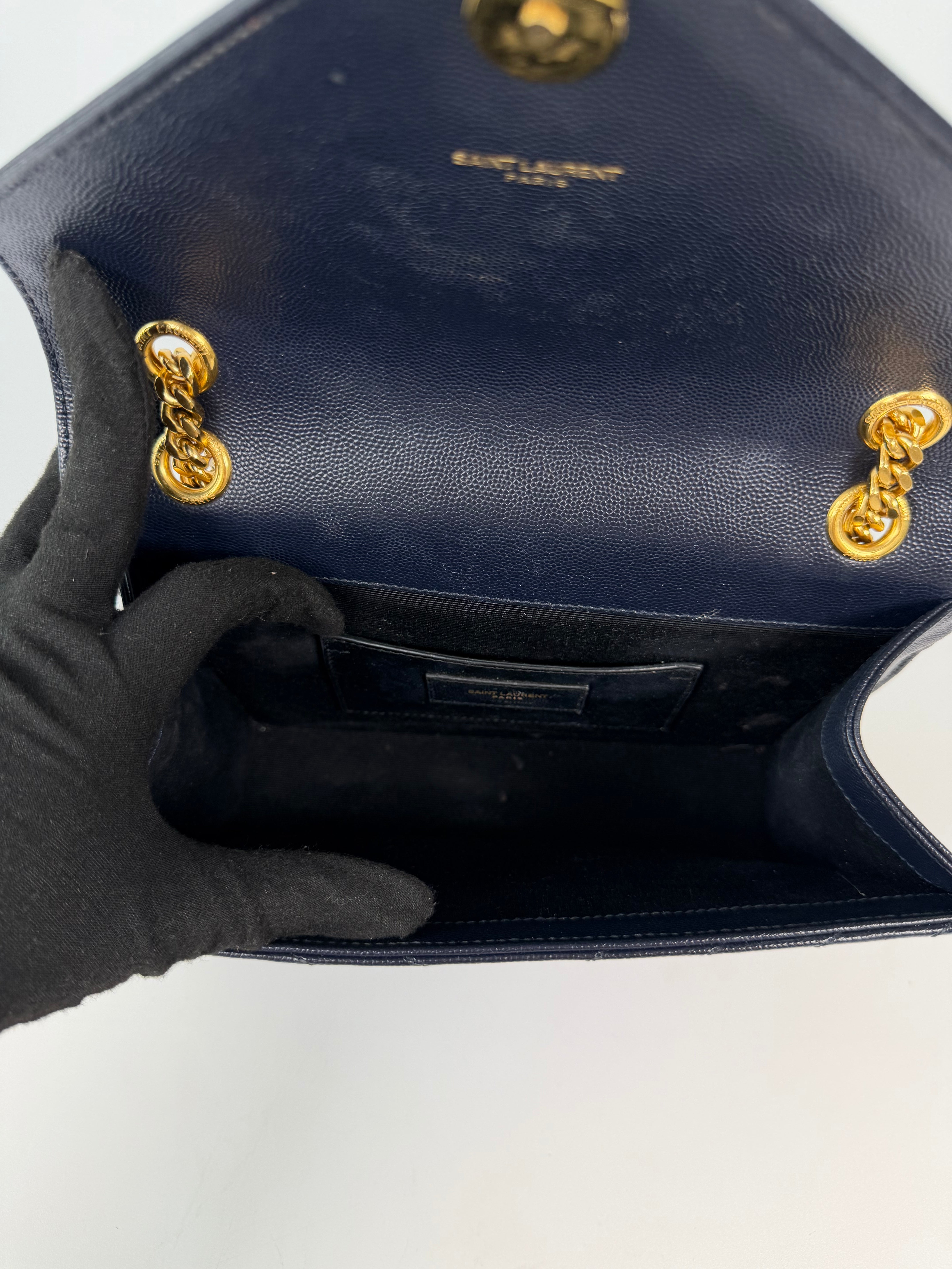 Authentic and pre loved Saint Laurent Medium Envelope Bag In Blue Grained Leather With Gold Hardware. Excellent Condition. Verified by Luxe Cheshire