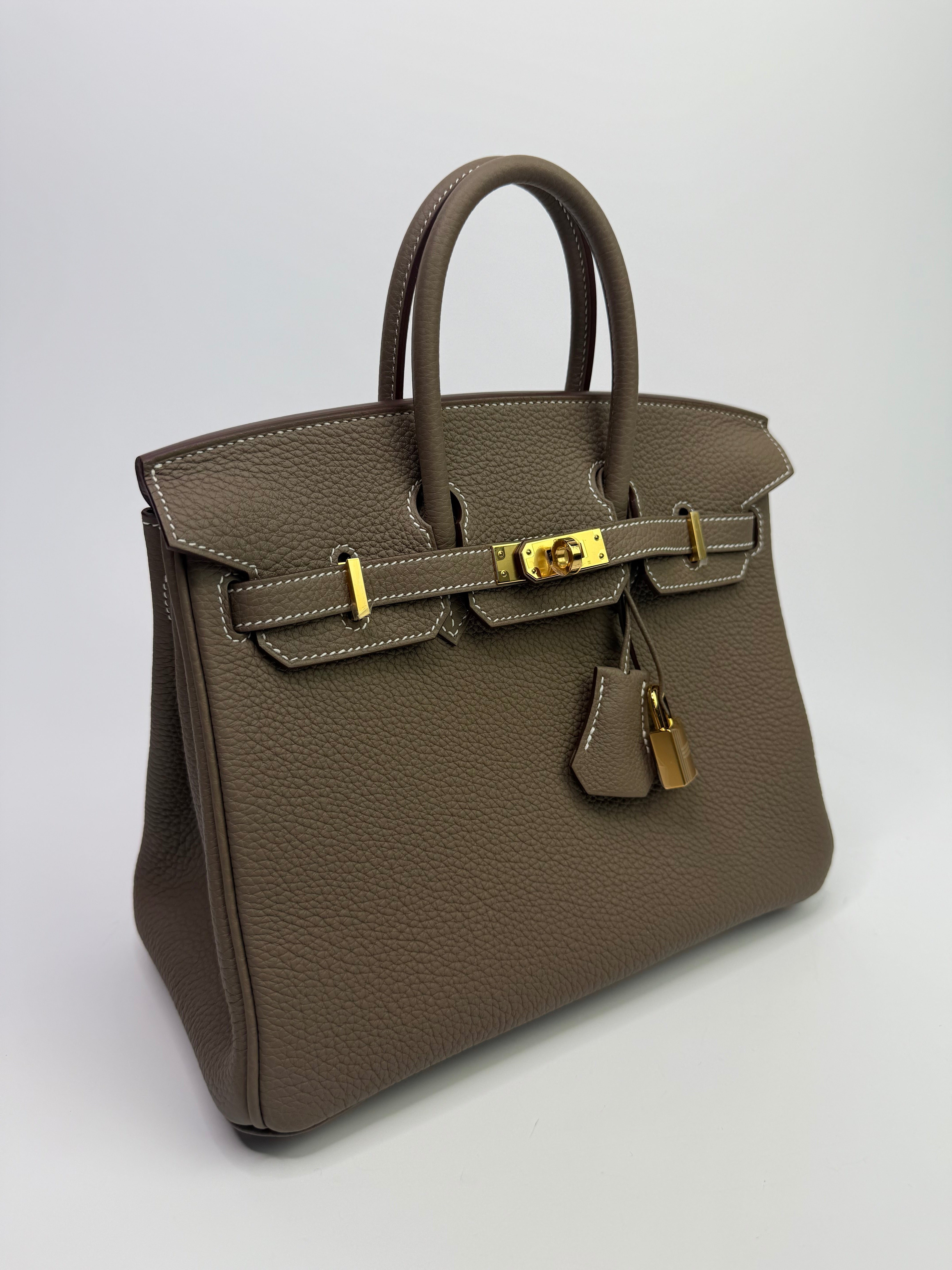 Authentic Pre Loved Hermès Birkin 25 Retourne Etoupe Togo Leather With Gold Hardware New & Unused Condition