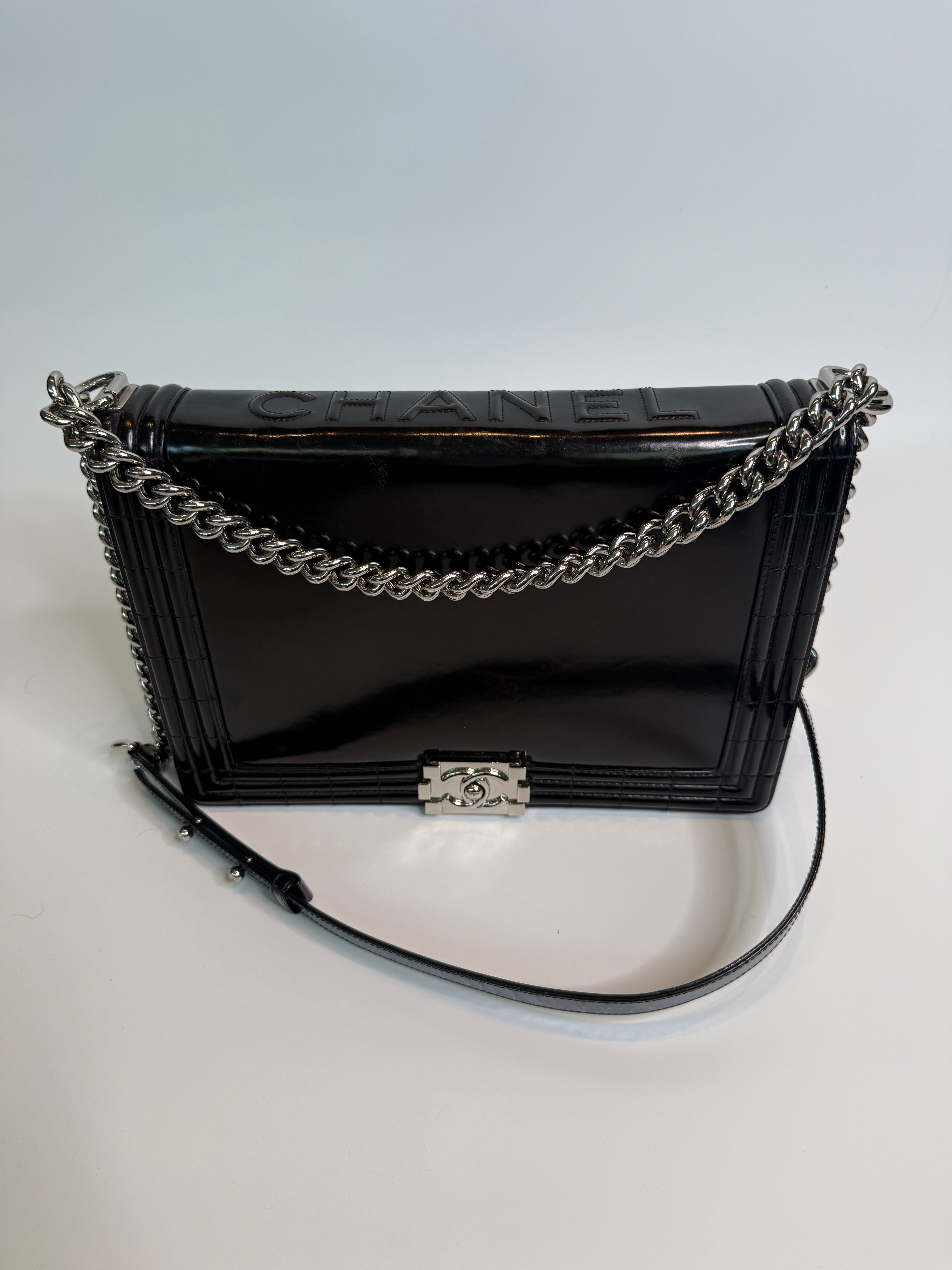 Authentic Pre Loved Chanel Large Boy Bag In Black Patent Leather With Silver Hardware