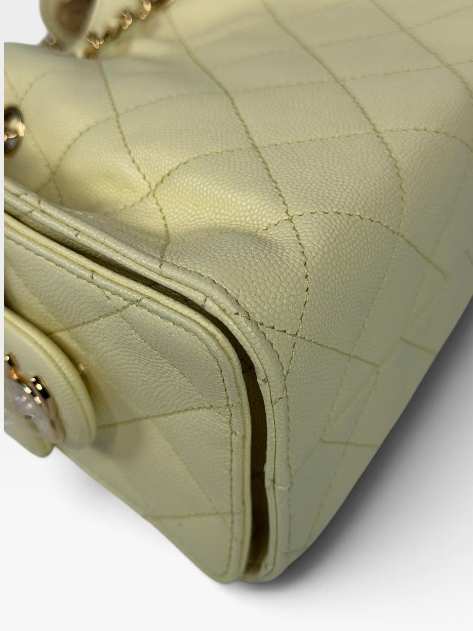 Chanel 25 Micro In Yellow Caviar Leather with Gold Hardware. 100% authentic and preloved in new and unused condition