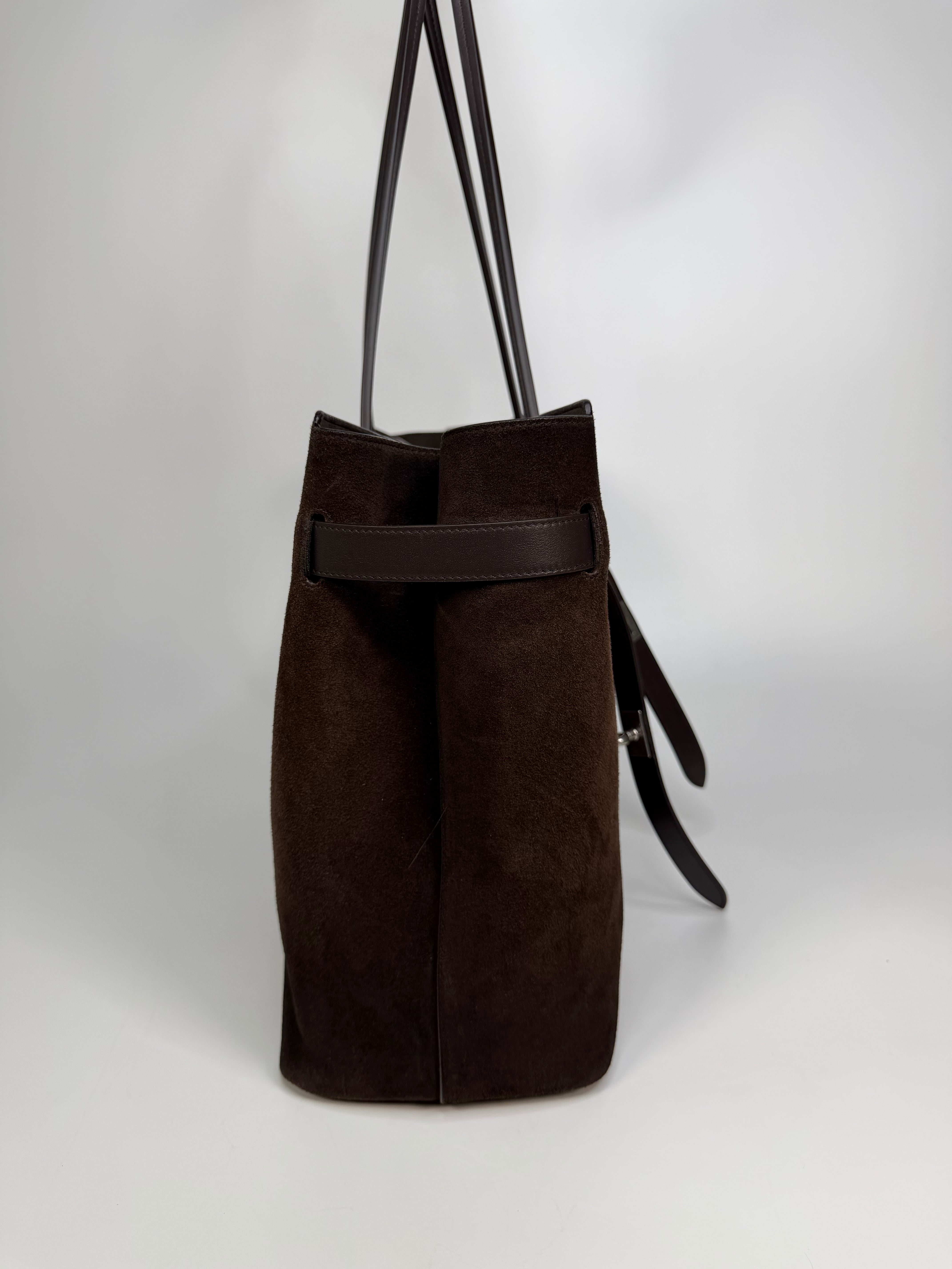 Balenciaga Bel Air Tote In Light Espresso Suede Calfskin With Silver Hardware. Authentic and preloved in excellent condition