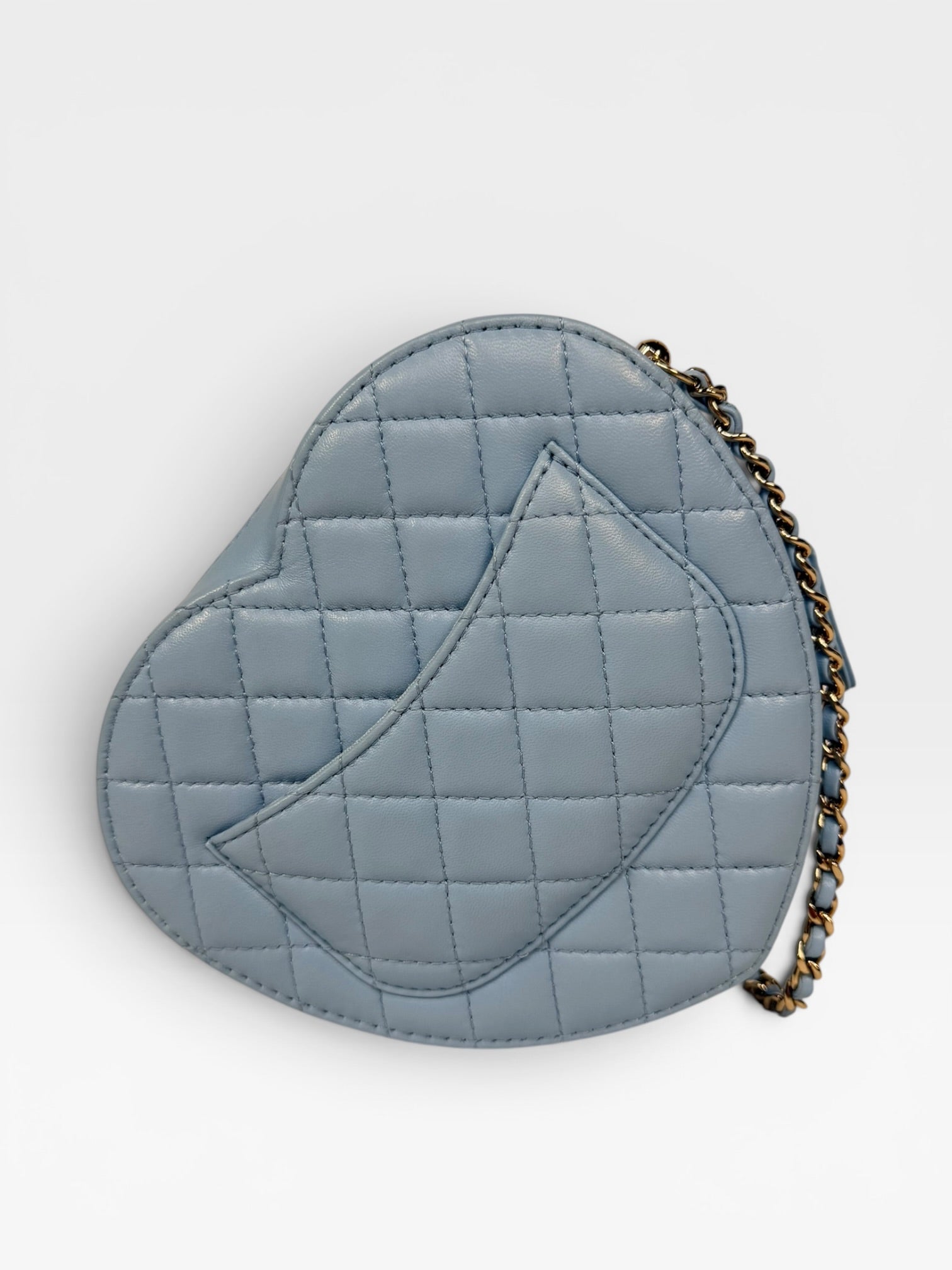 Chanel Heart Bag Large In Blue Lambskin Leather With Pale Gold Hardware. 100% authentic and preloved in excellent condition