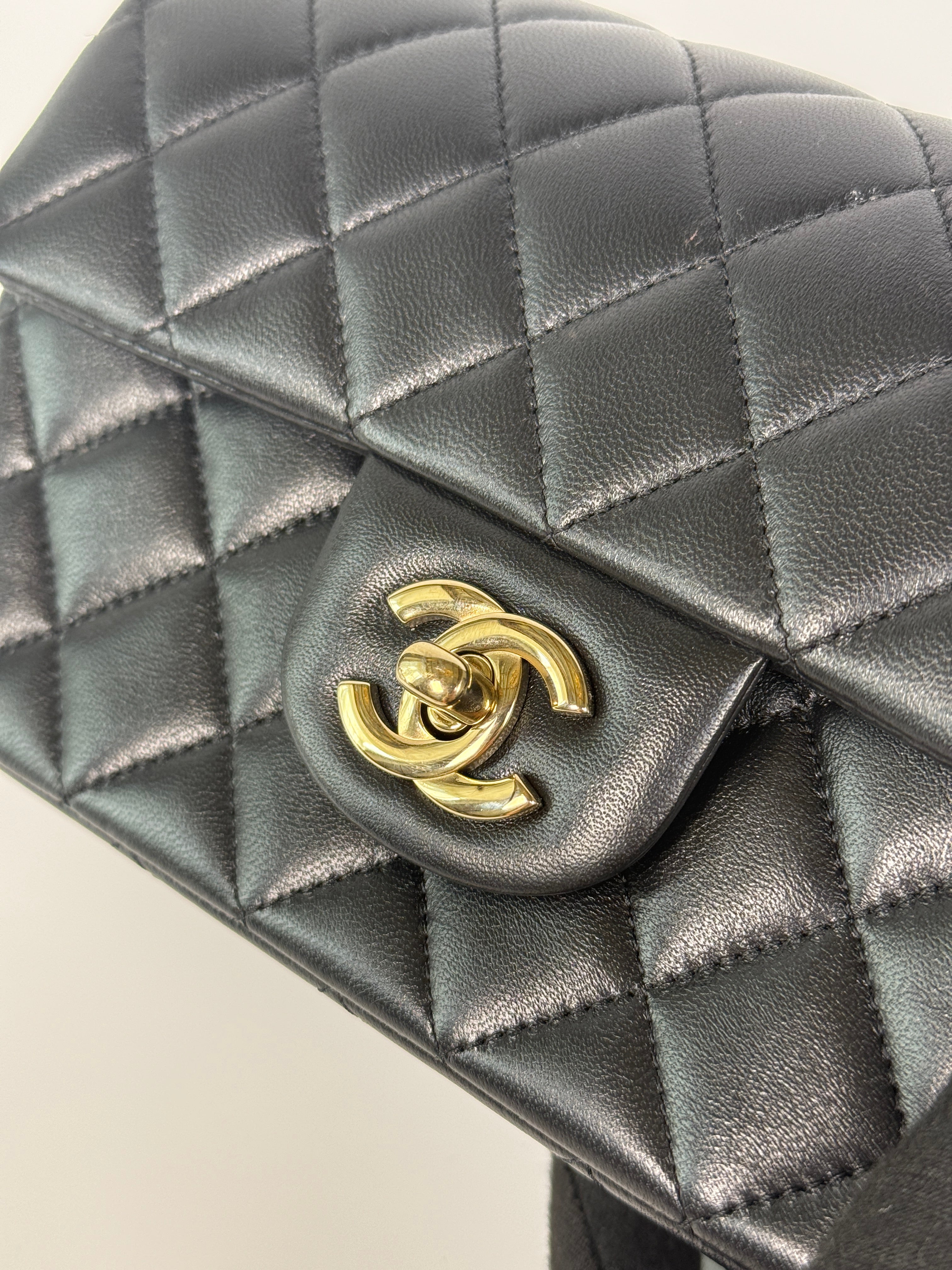 Chanel Mini Rectangle In Black Lambskin Leather With Pale Gold Hardware