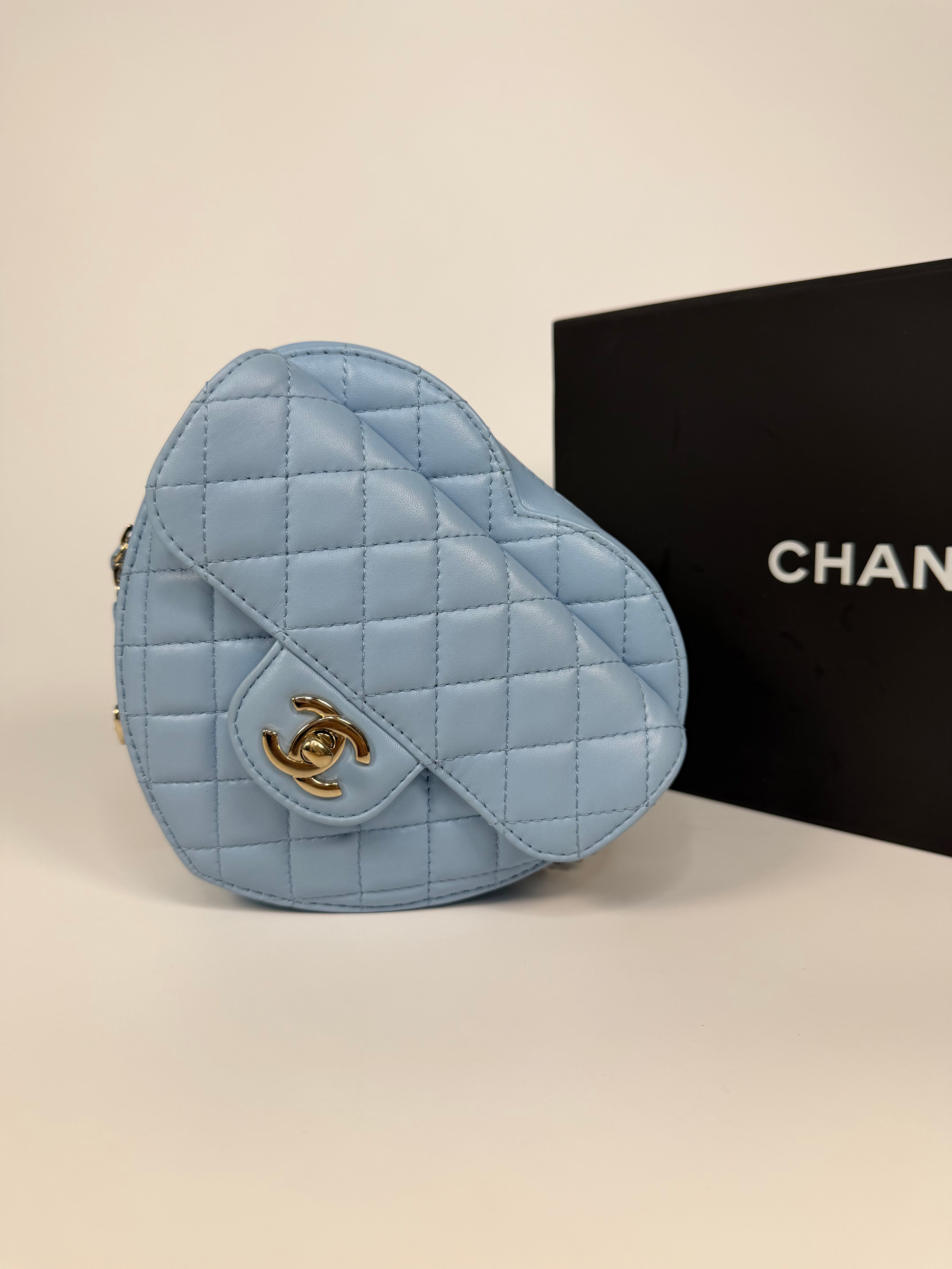 Chanel Heart Bag Large In Blue Lambskin Leather With Pale Gold Hardware. 100% authentic and preloved in excellent condition