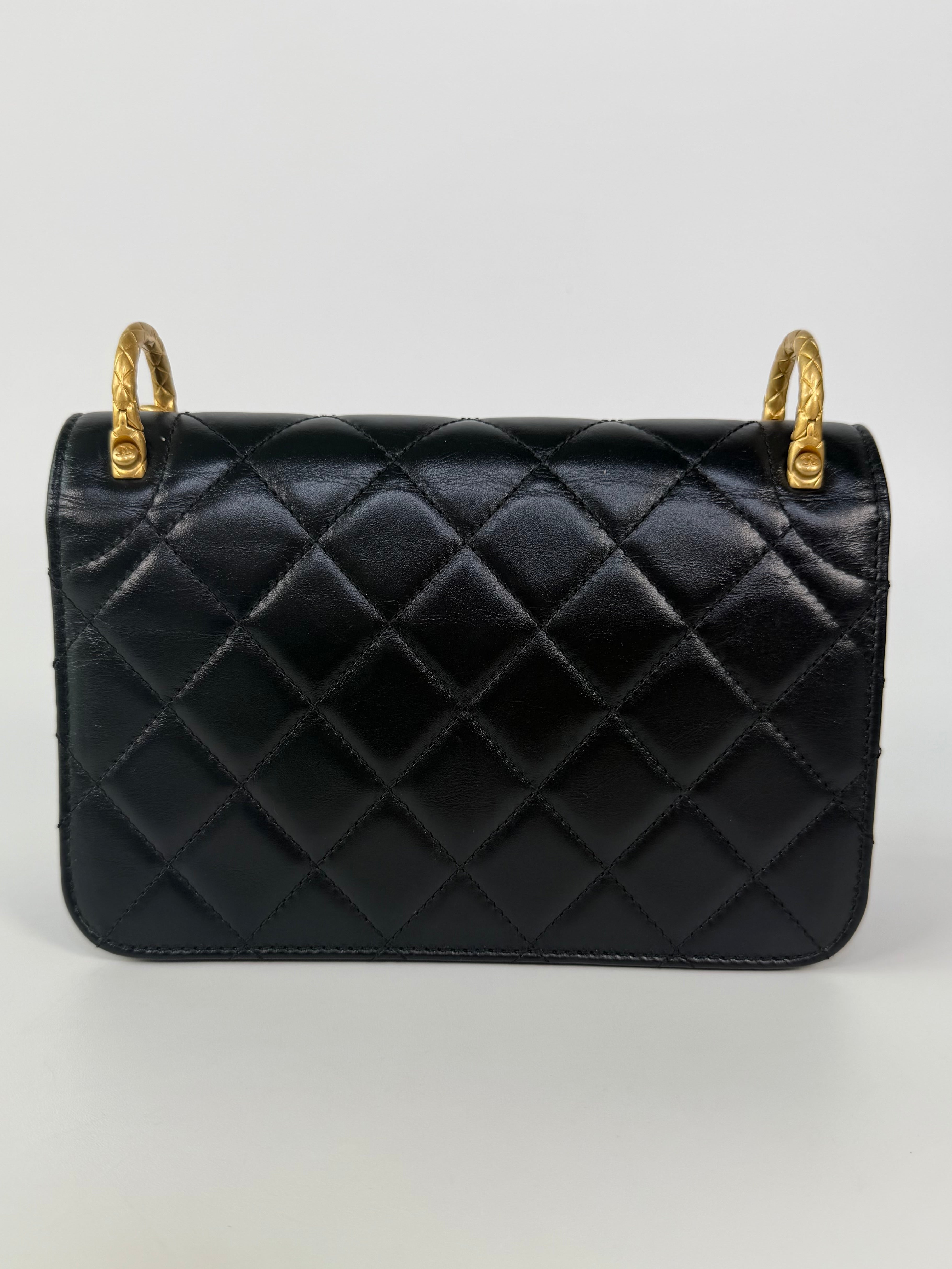 Chanel Mini Perfect Fit Flap In Black Lambskin With Antique Gold Hardware 100% authentic and preloved in excellent condition