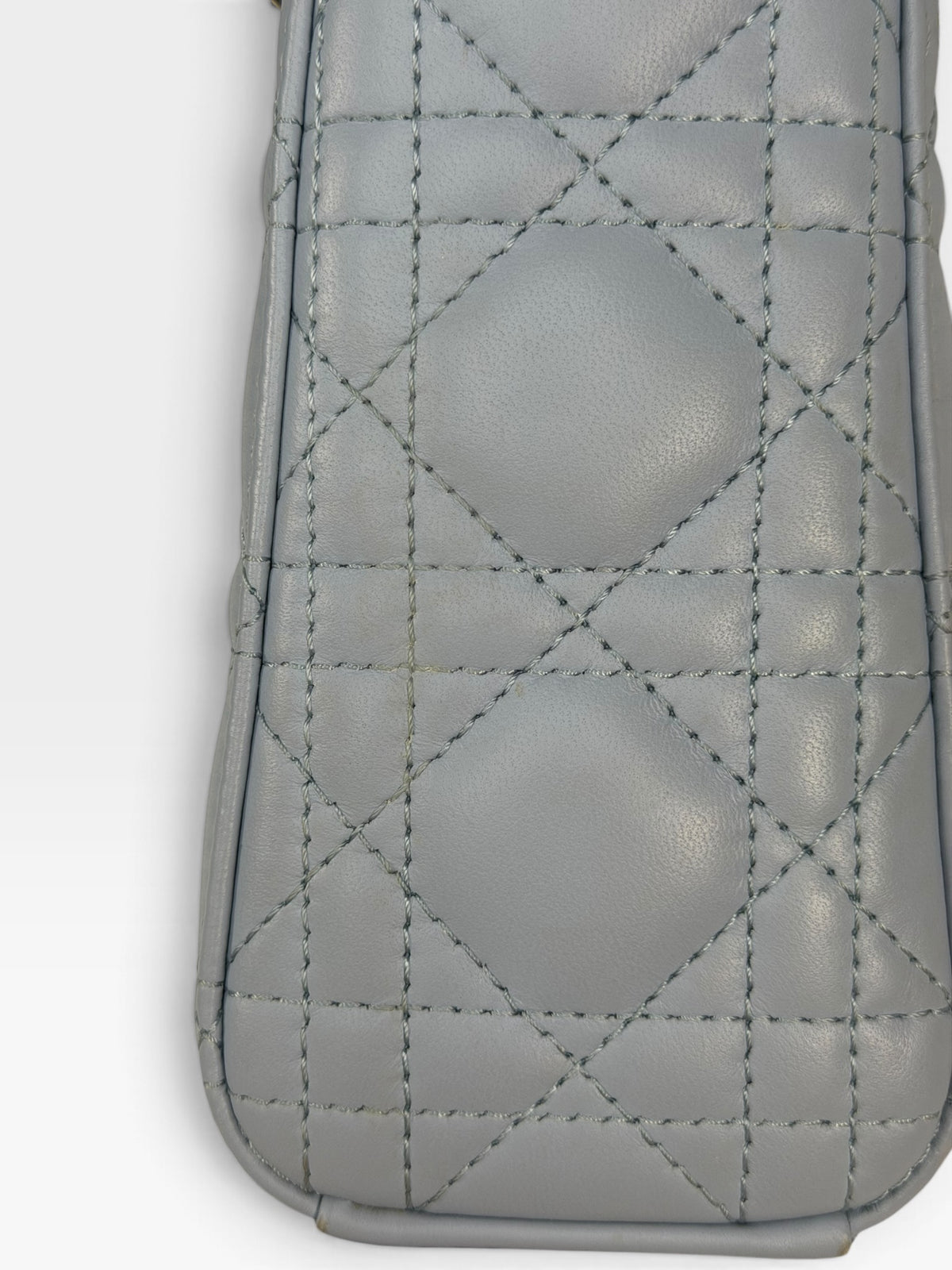 Christian Dior Mini Lady Dior In Pale Blue Cannage Leather With Pale Gold Hardware. 100% Authentic and Preloved in excellent condition. 100% Guarantee
