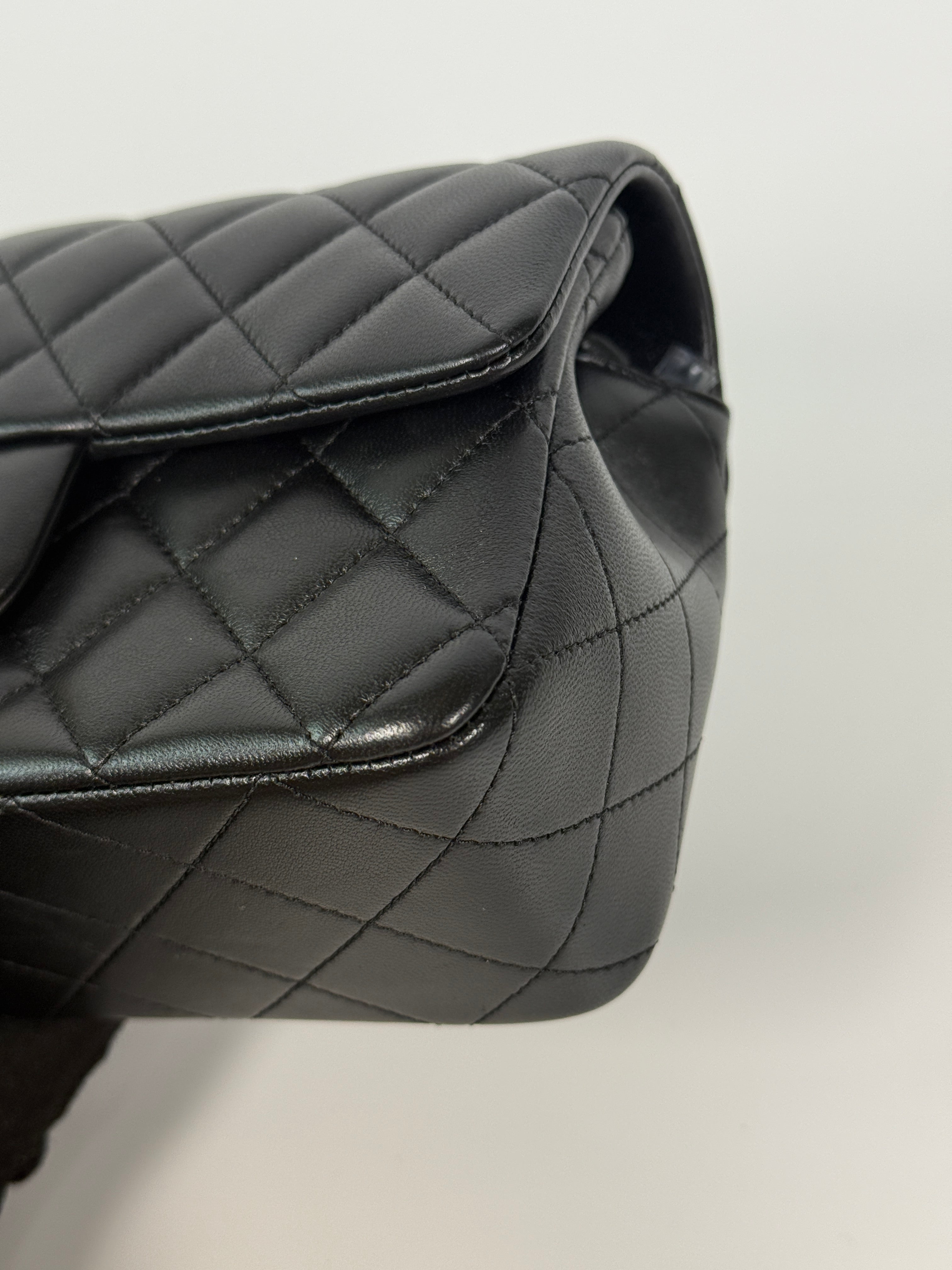Chanel Mini Rectangle In Black Lambskin Leather With Pale Gold Hardware