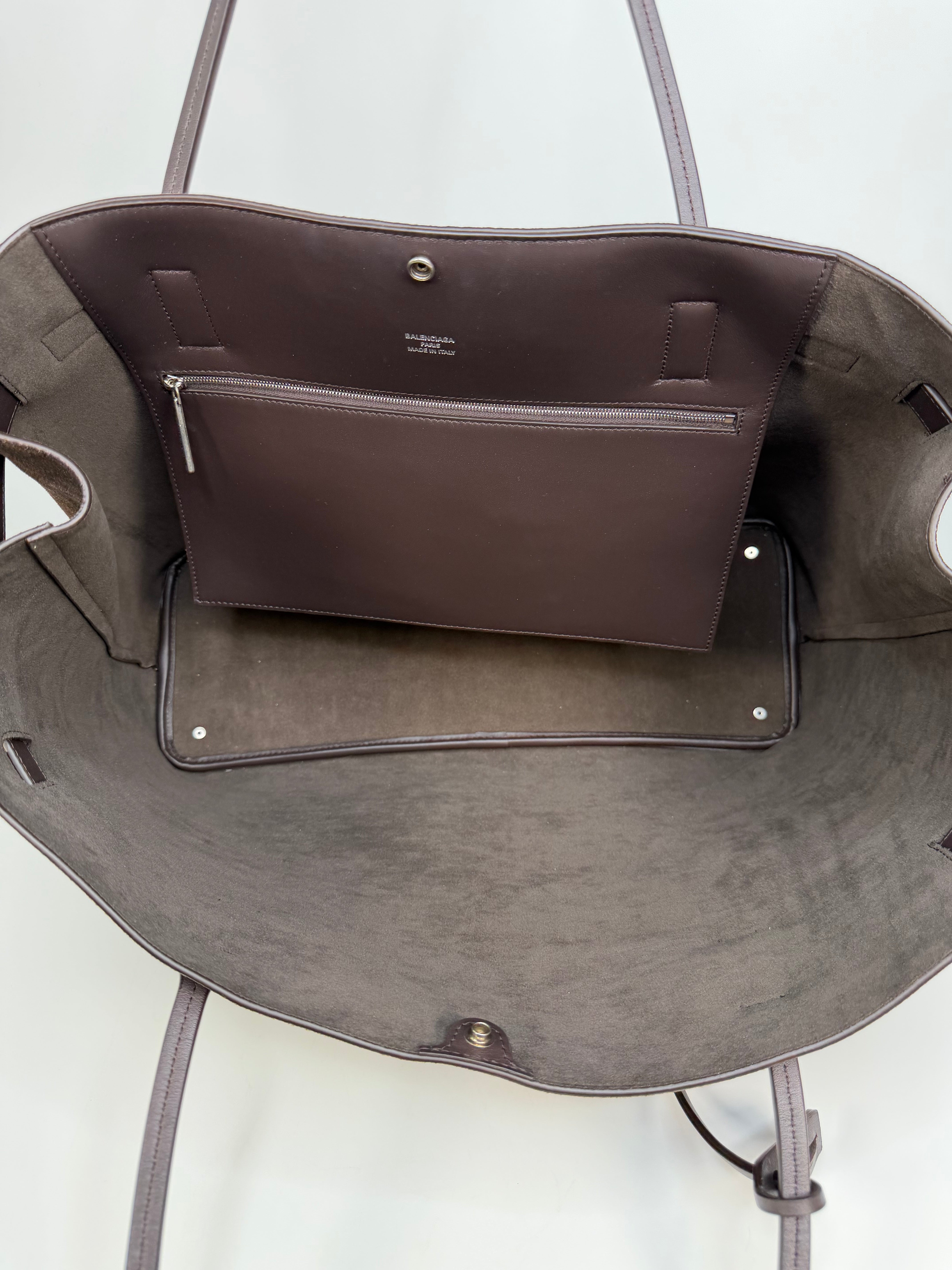 Balenciaga Bel Air Tote In Light Espresso Suede Calfskin With Silver Hardware. Authentic and preloved in excellent condition
