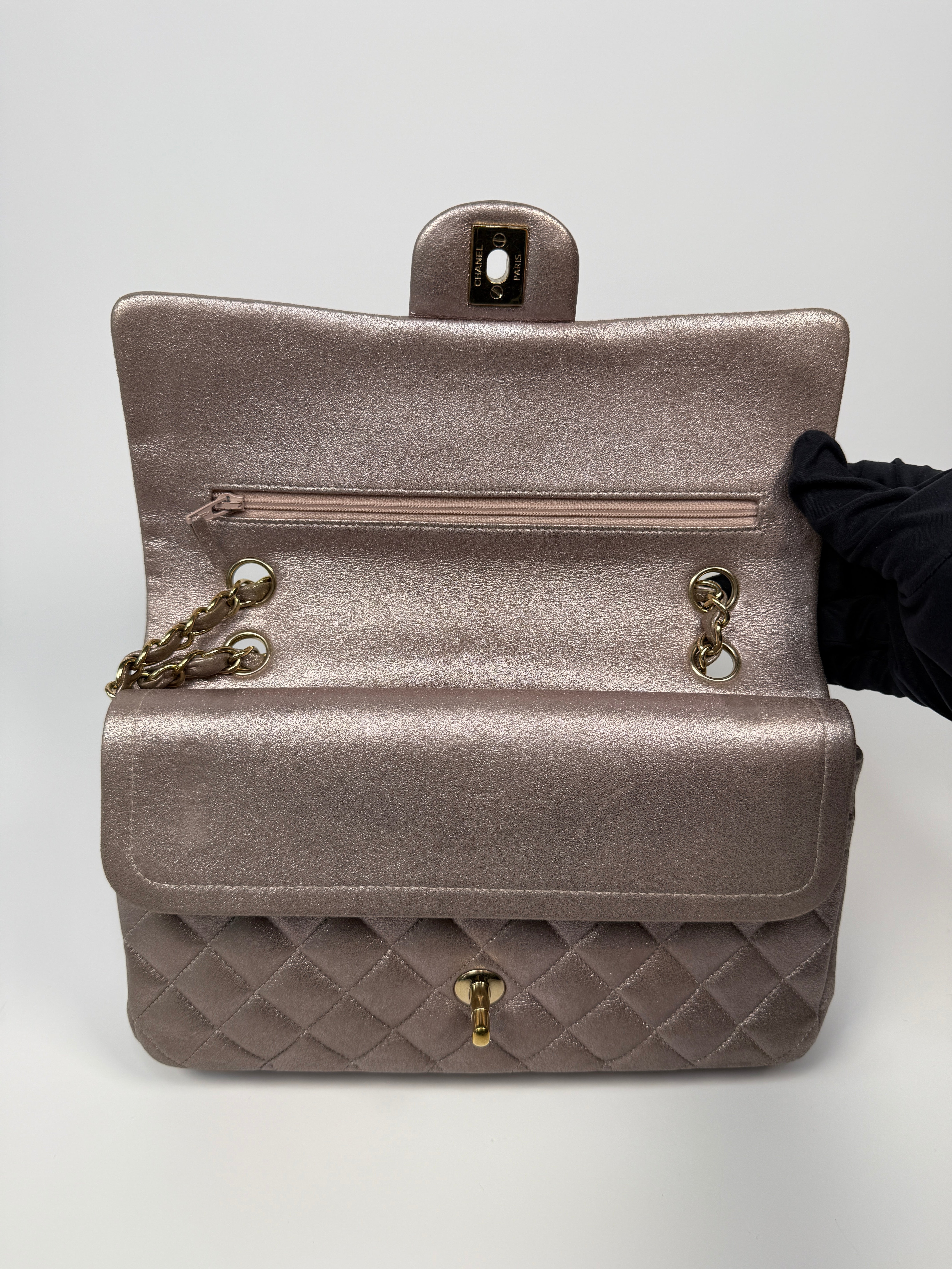 Authentic pre-loved Chanel Iridescent Rose Medium Classic Double Flap With Gold Hardware.