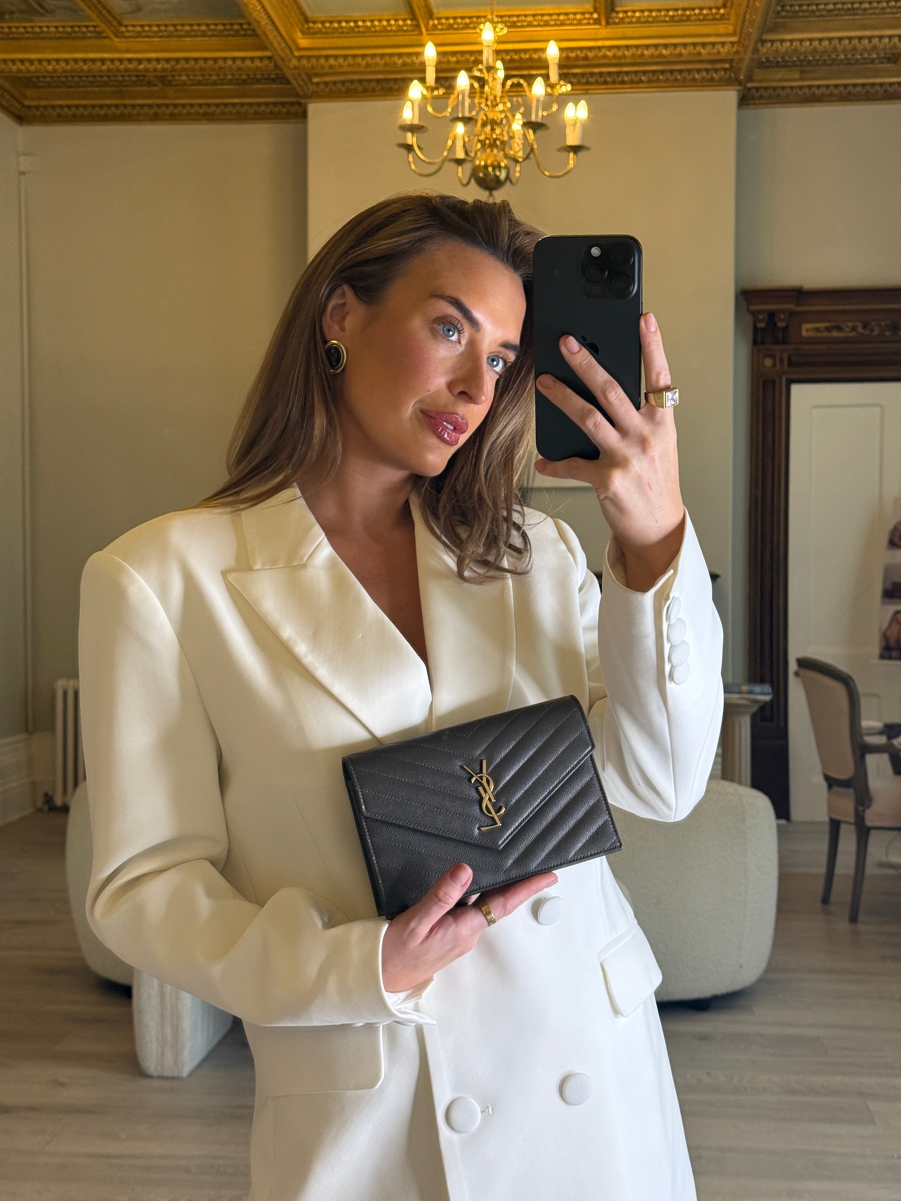 Saint Laurent Cassandre Matelassé Textured- Leather Wallet On Chain In Khaki With Gold Hardware. Authentic and preloved. Excellent condition. 100% Authenticity guarantee