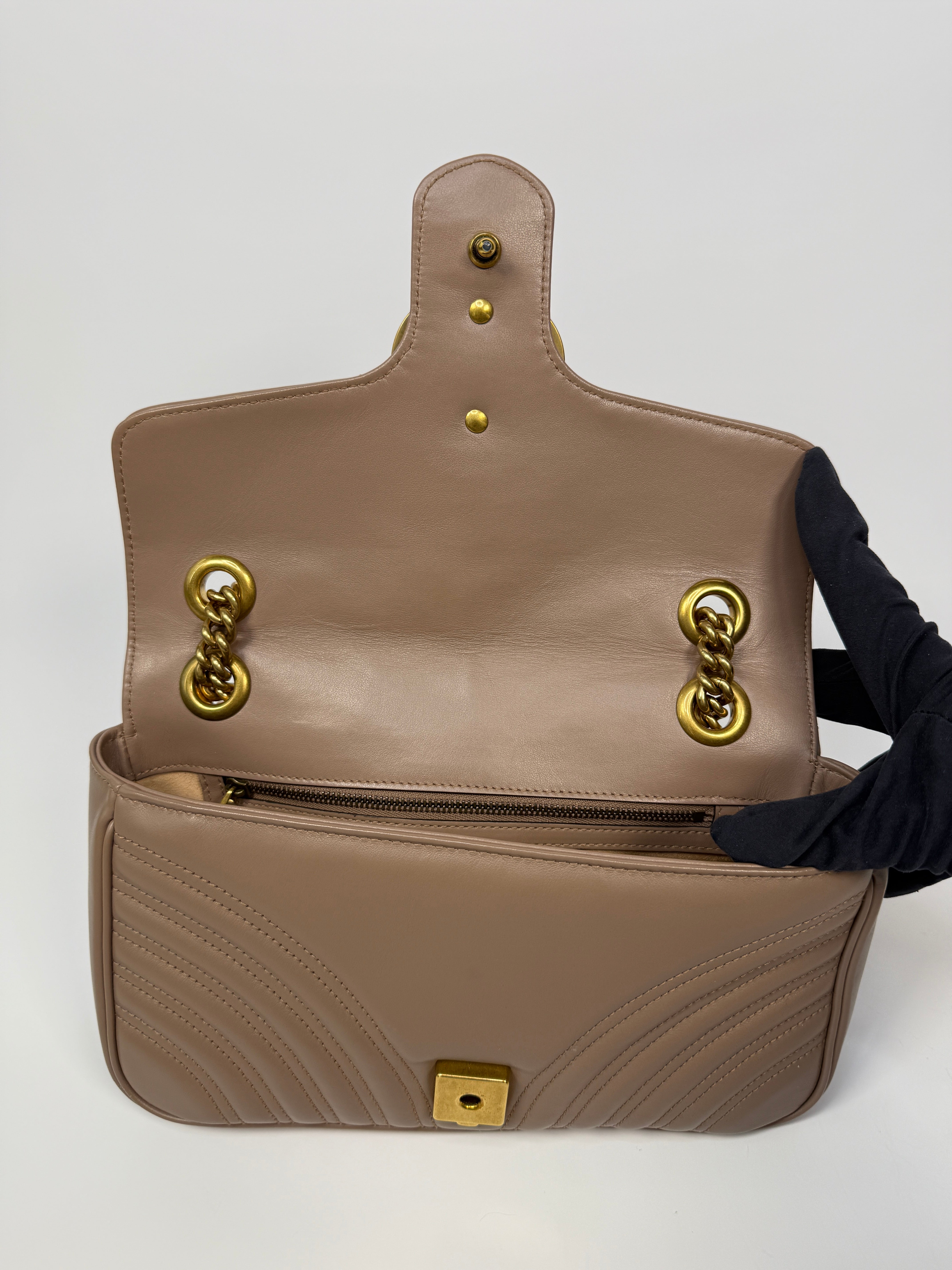 Gucci GG Medium Marmont Matelasse Shoulder Bag In Taupe Leather