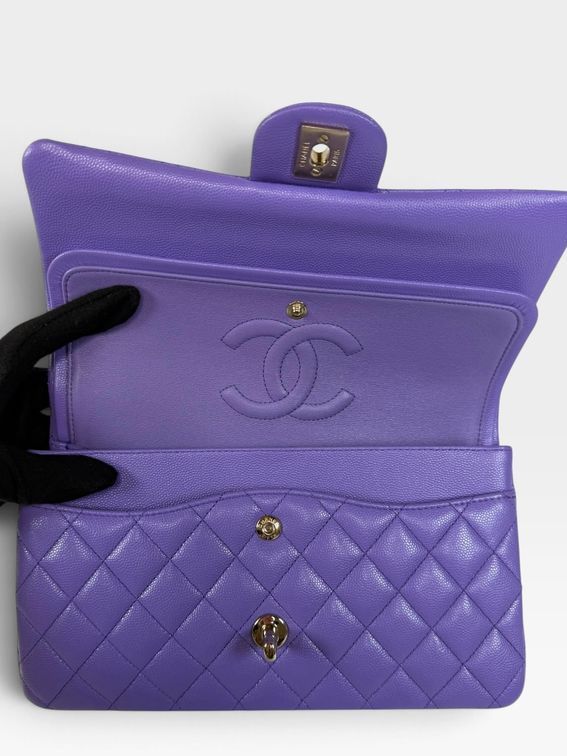 Chanel Medium Classic Double Flap In Purple Caviar Leather With Gold Hardware. Authentic and preloved in excellent condition. 100% guarantee