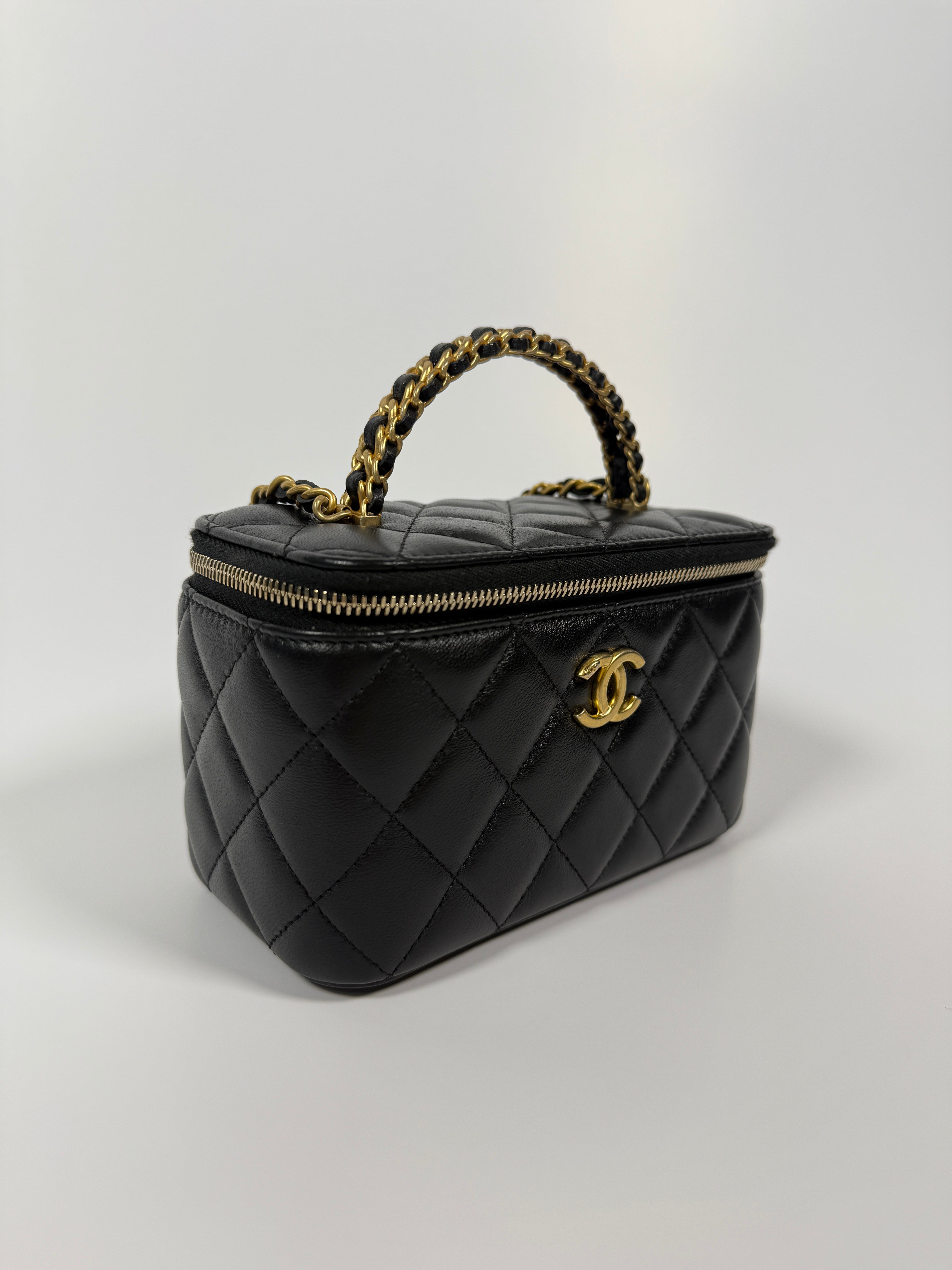 Chanel Vanity Rectangular with Top Handle In Black Lambskin With GHW