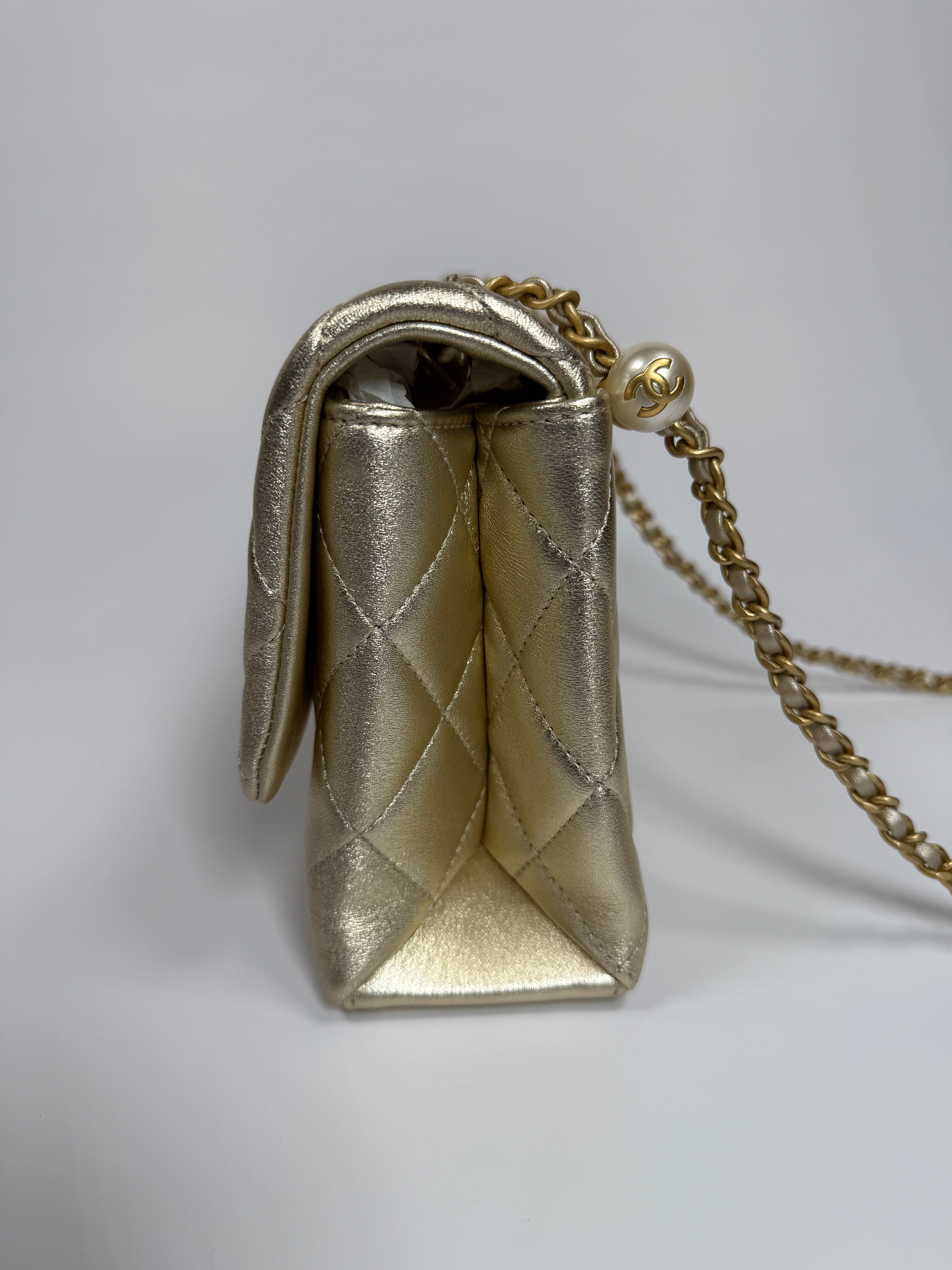 Chanel Mini Pearl Top Handle Flap Bag Metallic Gold Lambskin With GHW