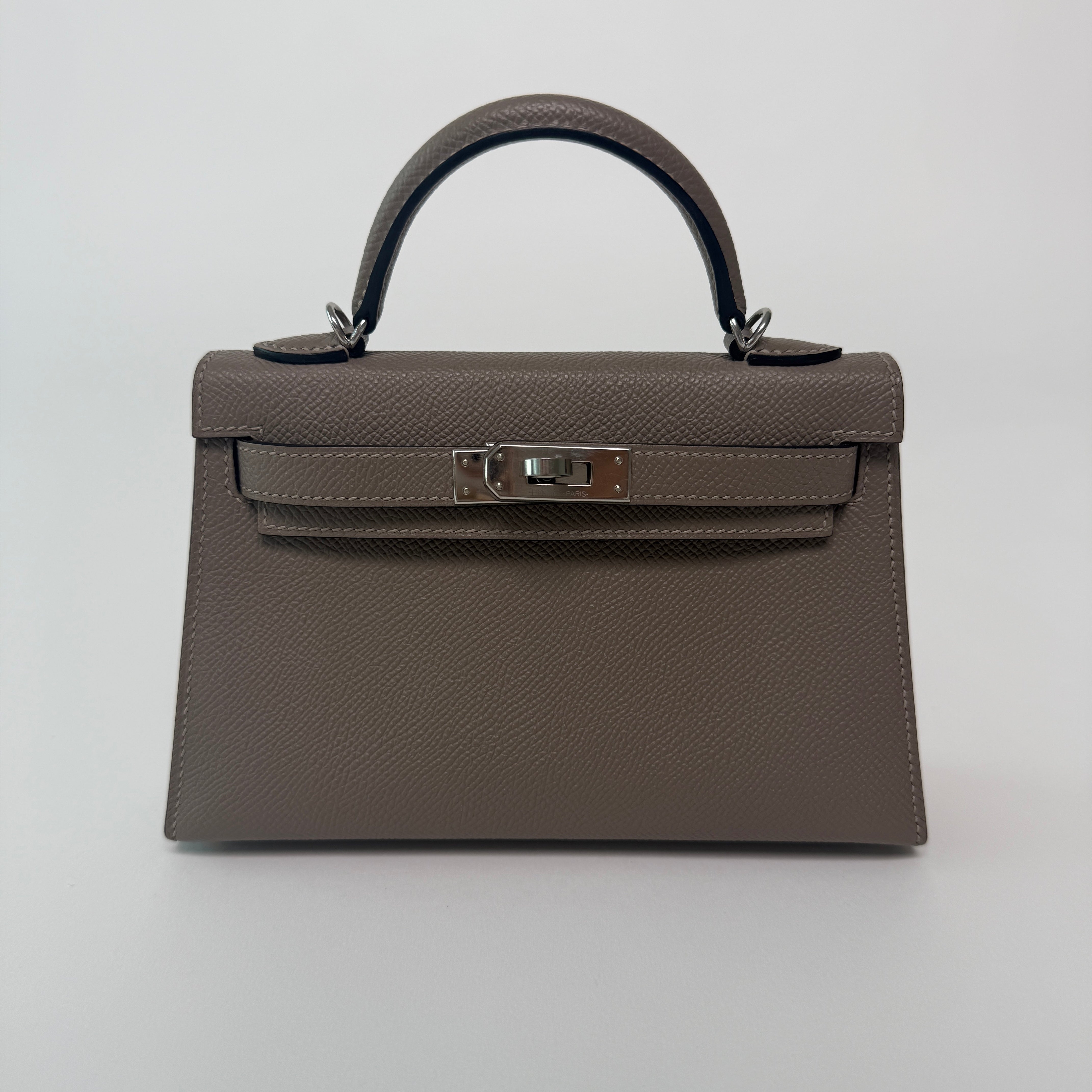 Authentic Pre Loved Hermés Mini Kelly Gris Asphalt In Epsom Leather With Palladium Hardware Excellent Condition