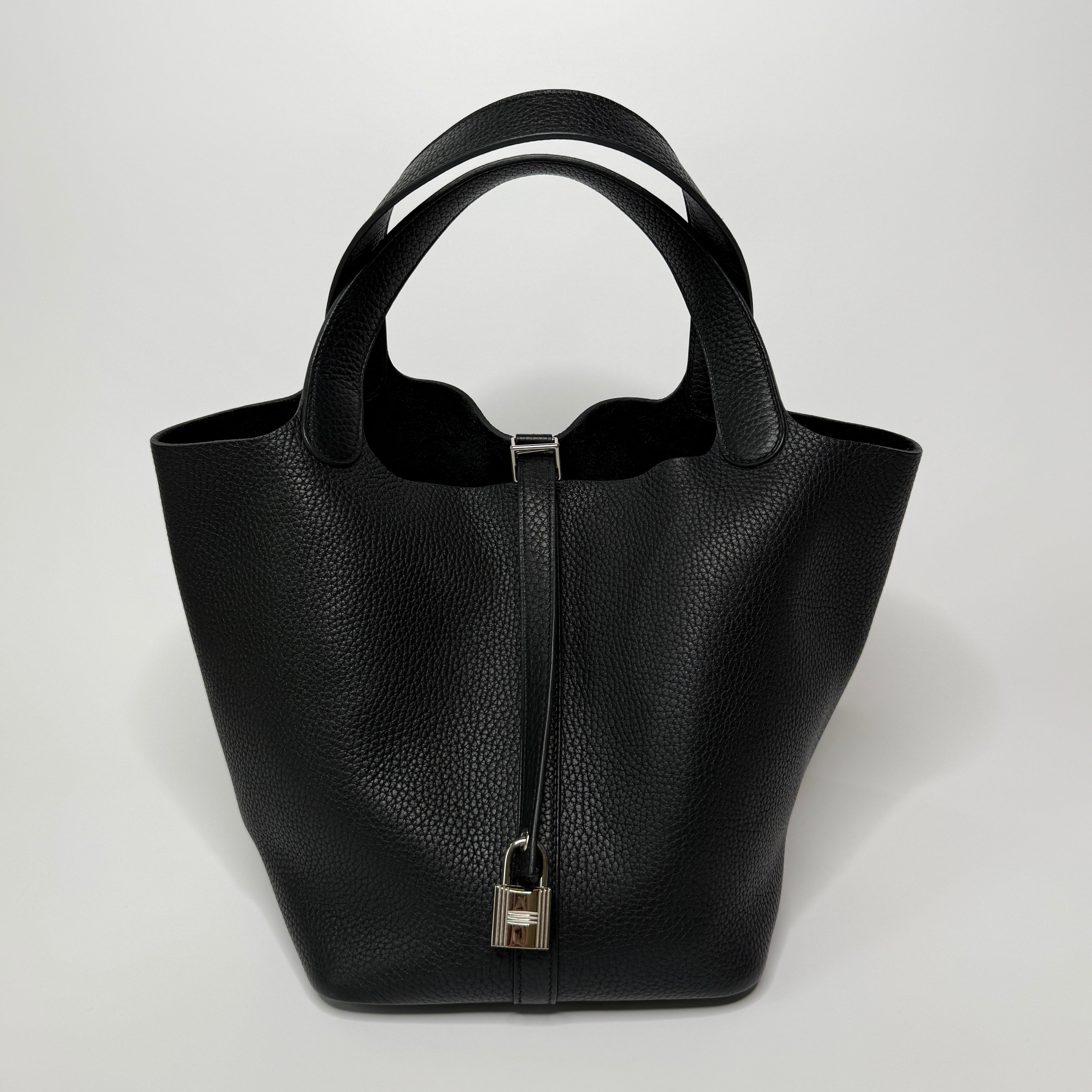 Authentic Pre Loved Hermès Picotin 22 In Black Clemence Leather With Palladium Hardware Very Good Condition