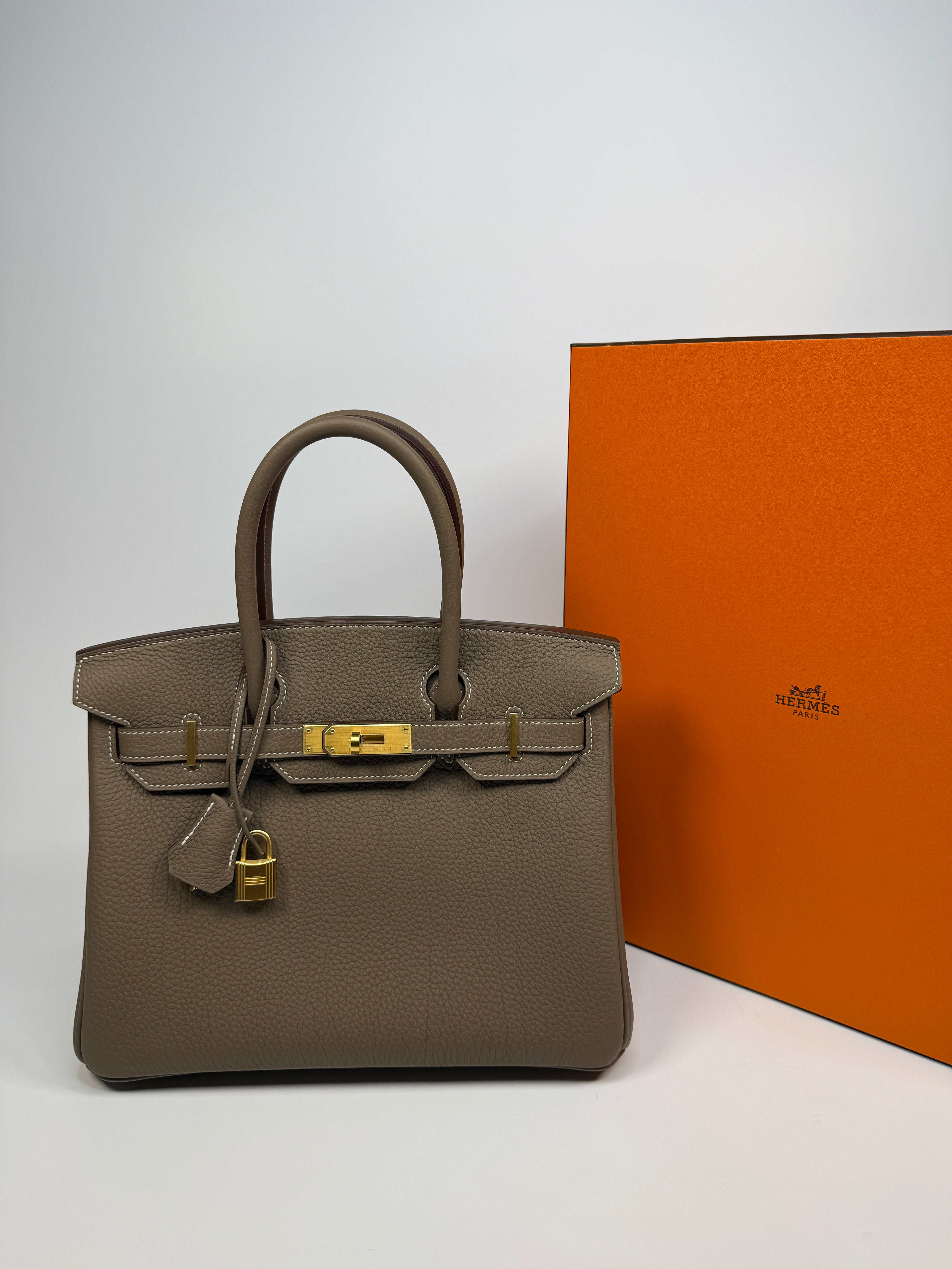 Authentic Pre Loved Hermès Birkin 30 In Etoupe Togo Leather With Brushed GHW New & Unused