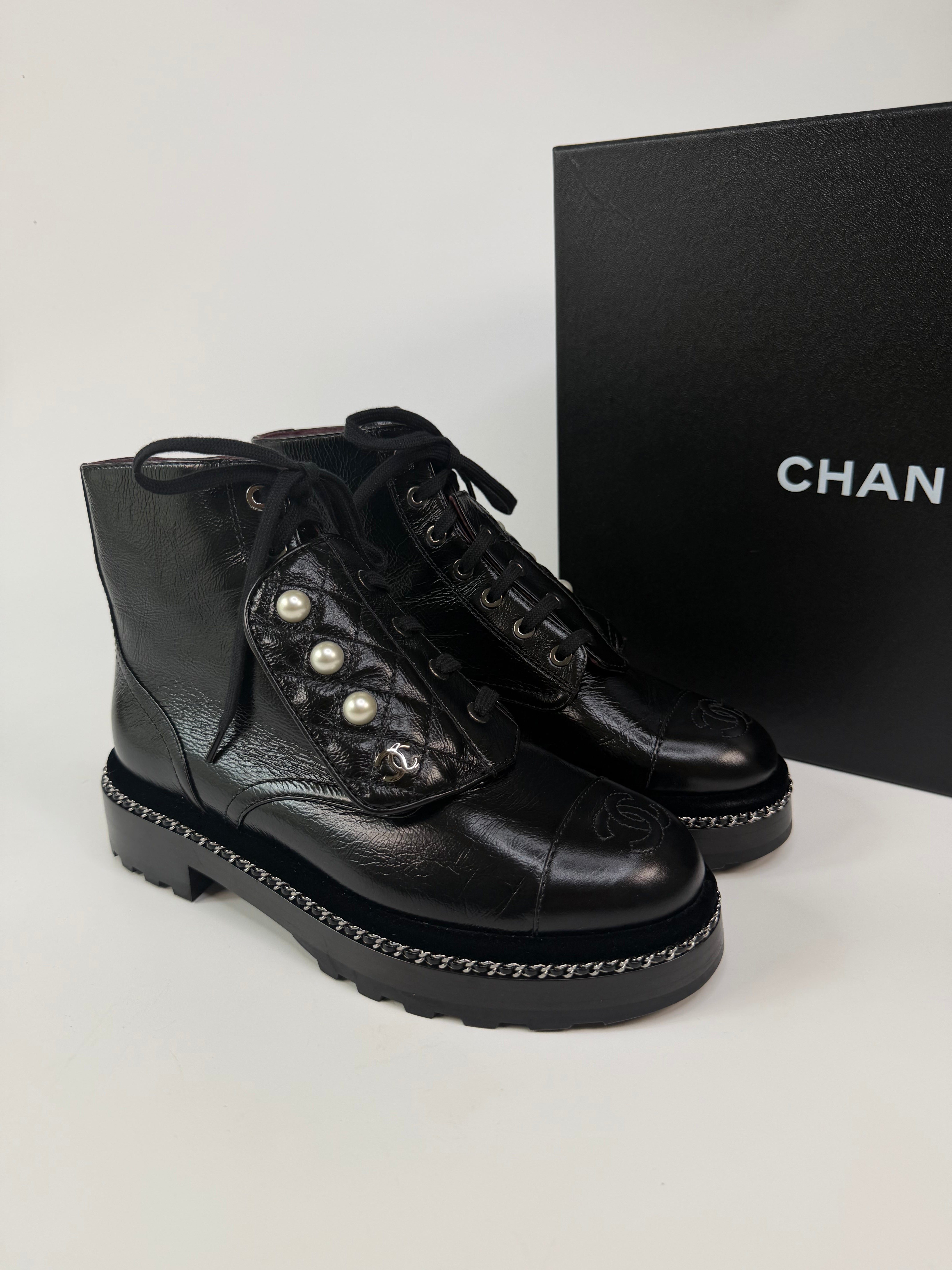 Chanel Pearl Ankle Boots Black Leather (Size 37/UK4). 100% authentic and preloved in excellent condition