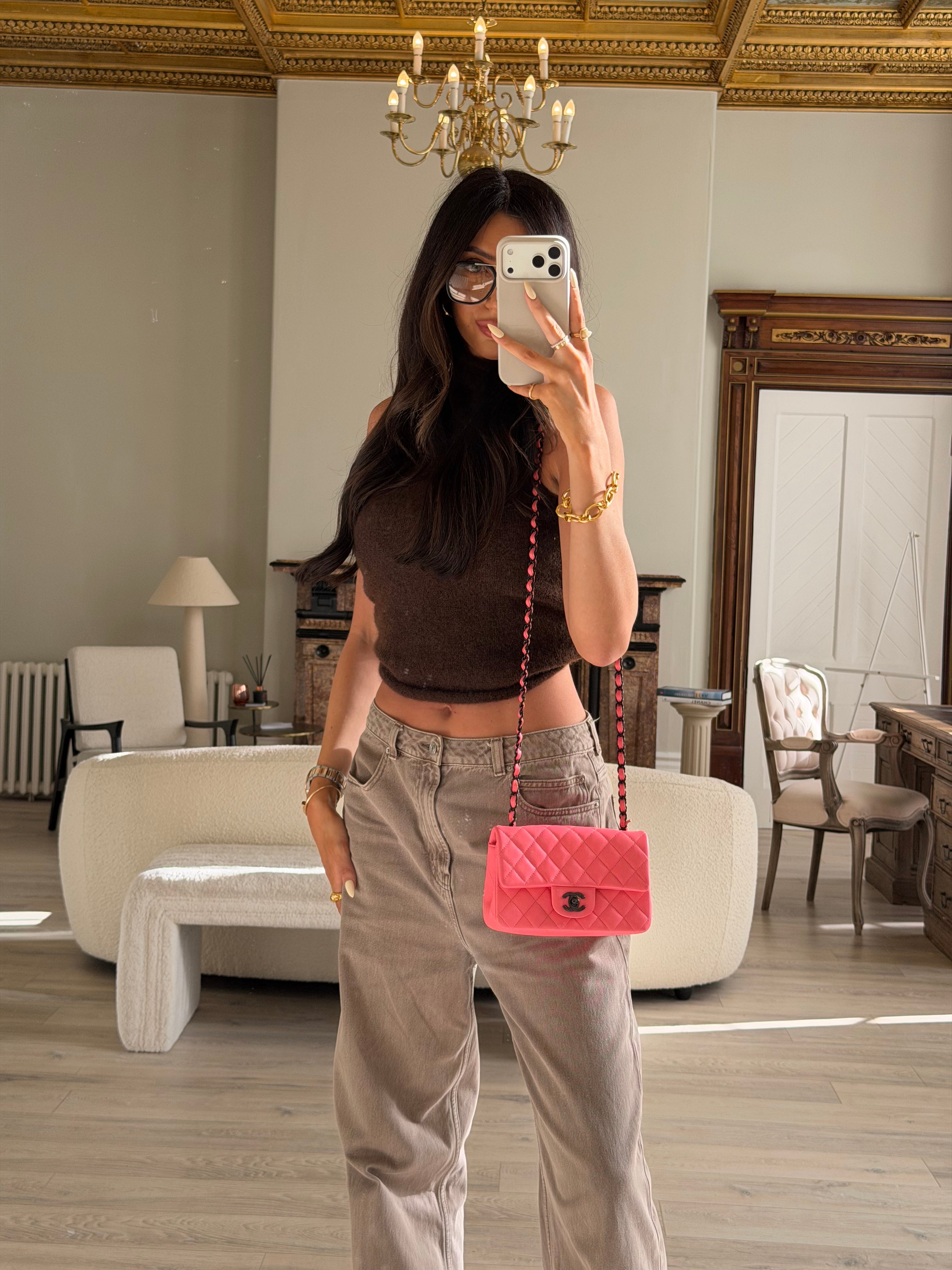 Chanel Mini Rectangle Flap Bag In Pink Lambskin With Black Hardware In Excellent Condition. Authentic and preloved.