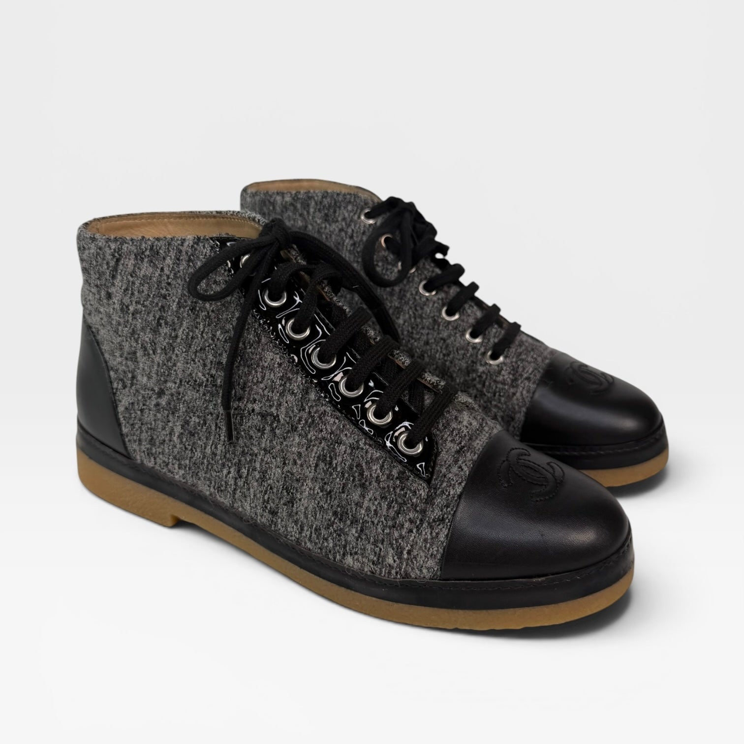 Chanel CC Lace Up Ankle Boots In Grey & Black Tweed (Size 37/UK4) 100% authentic and preloved in excellent condition