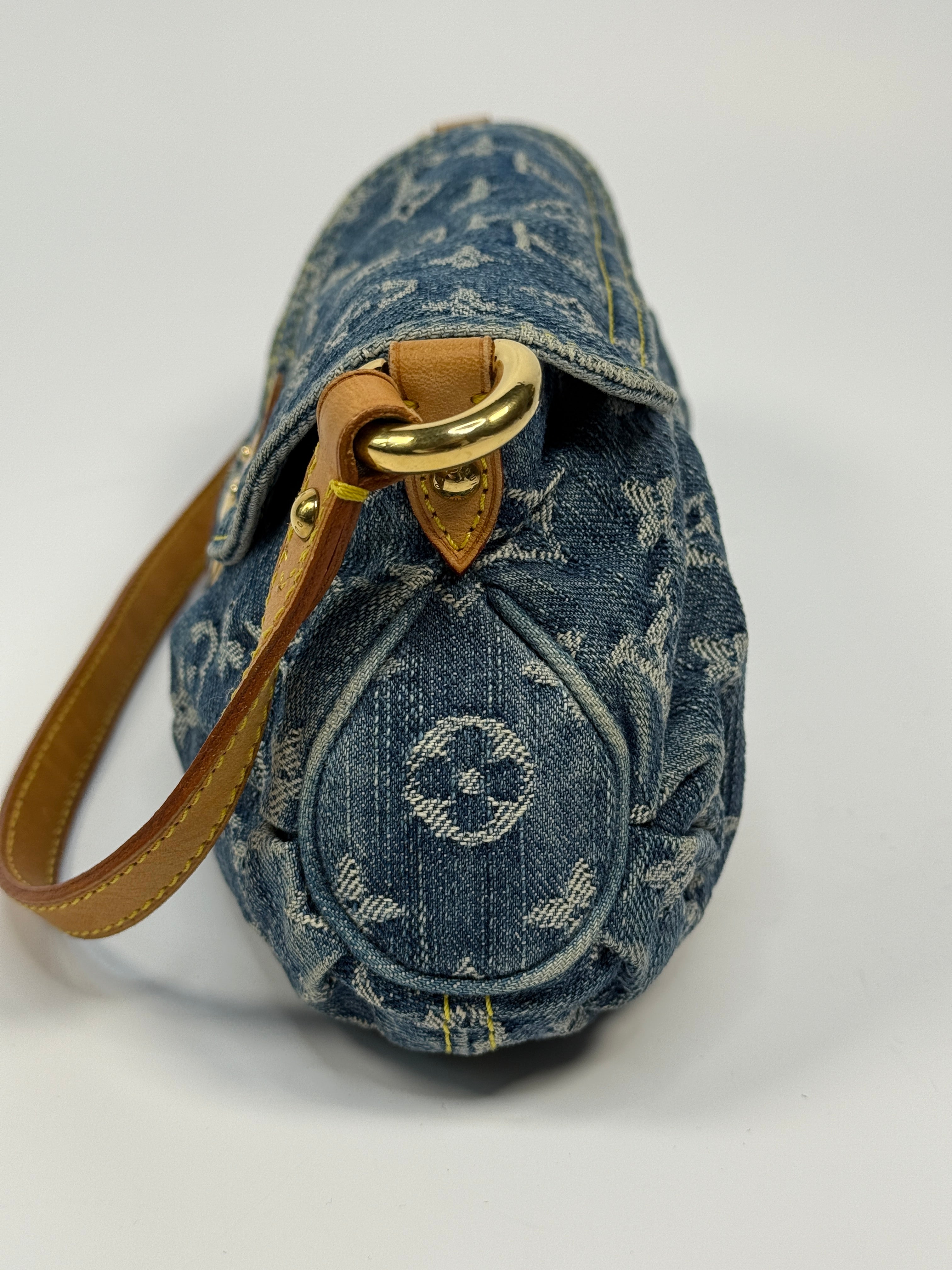 Louis Vuitton Mini Pleaty Bag In Denim Monogram With Gold Hardware, Authentic And Preloved In Excellent Condition