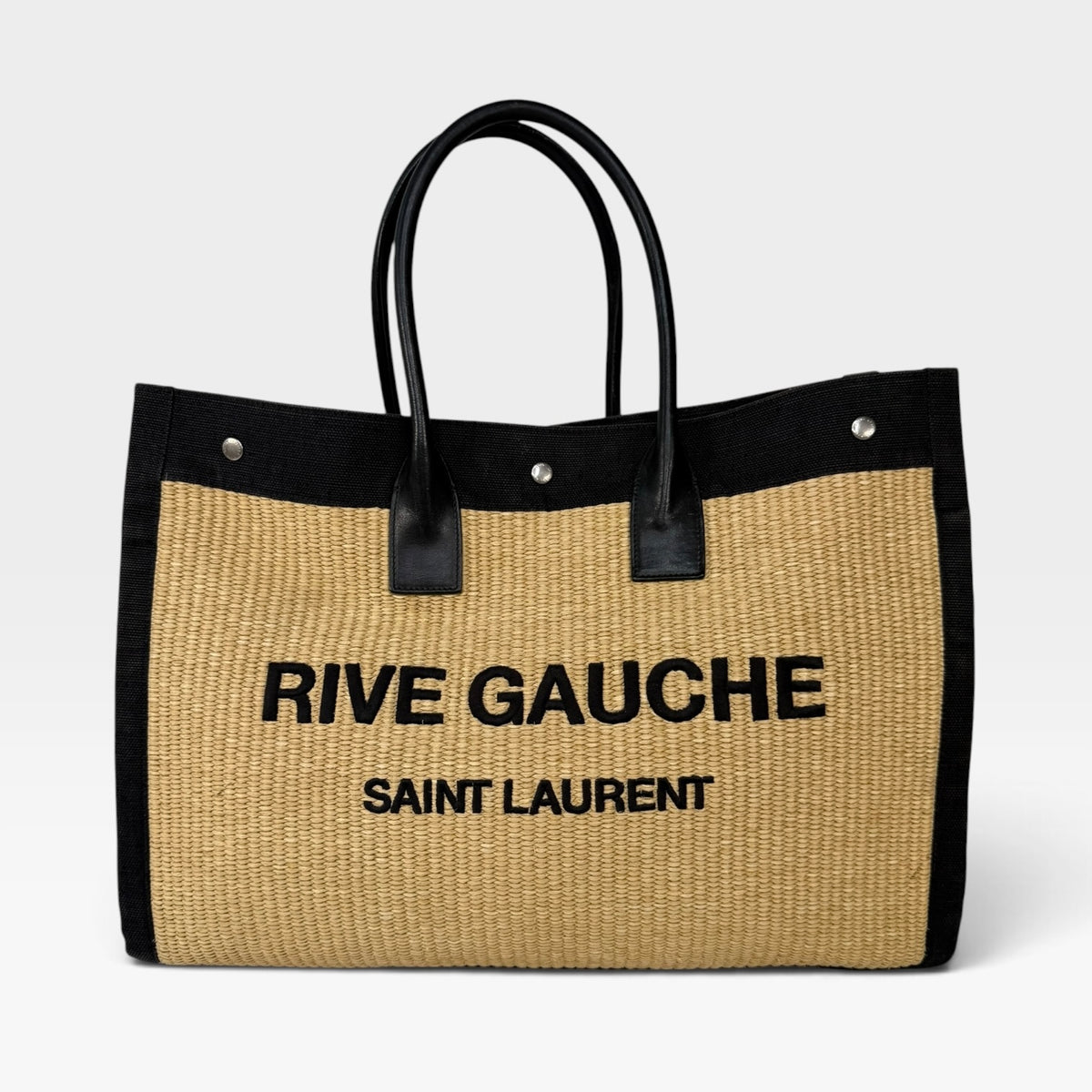 Saint Laurent Rive Gauche Tote In Natural and Black Raffia. 100% authentic and preloved in excellent condition