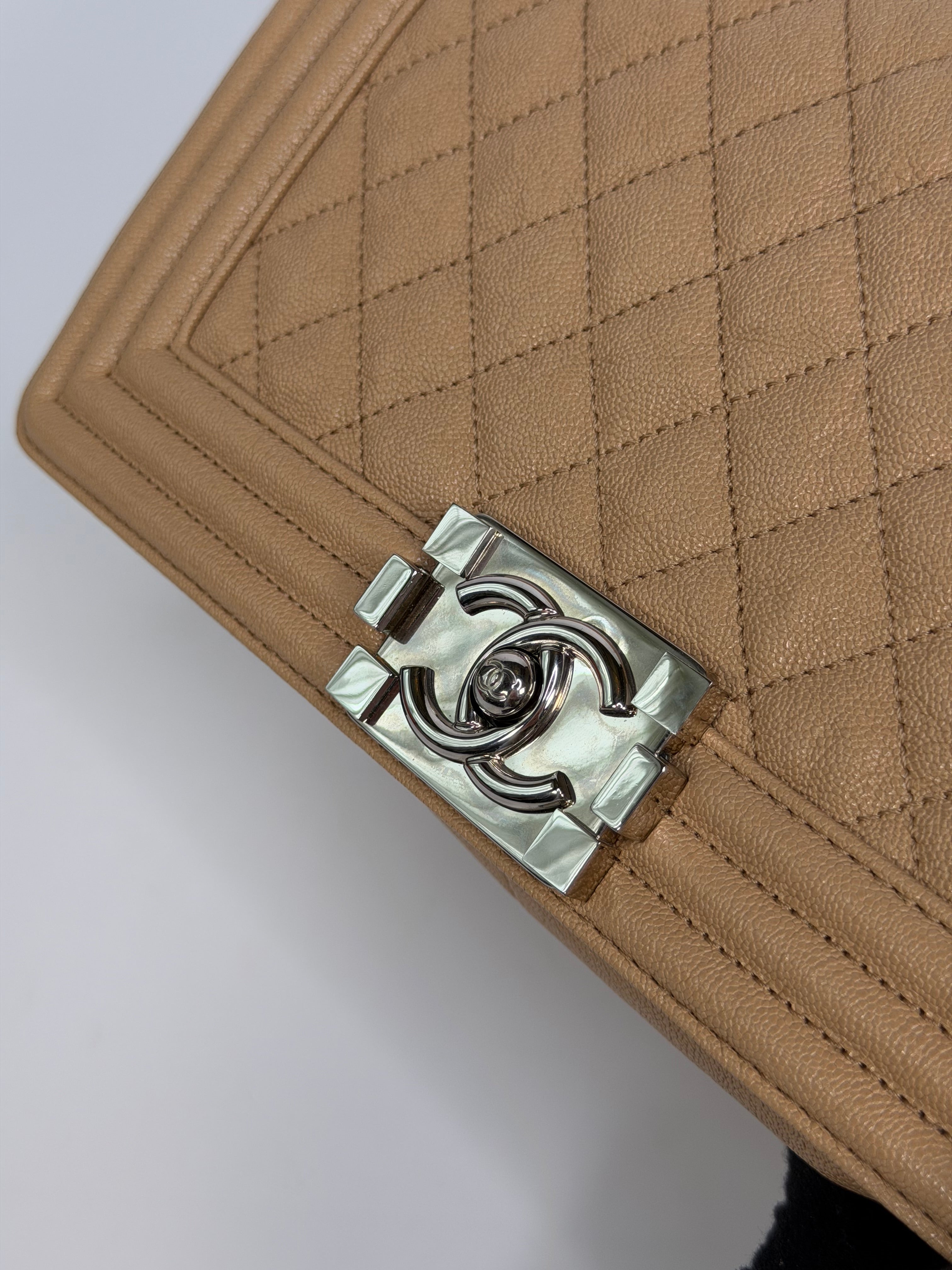 Chanel Medium Boy Bag Beige Caviar With Silver Hardware. Authentic and preloved in excellent condition