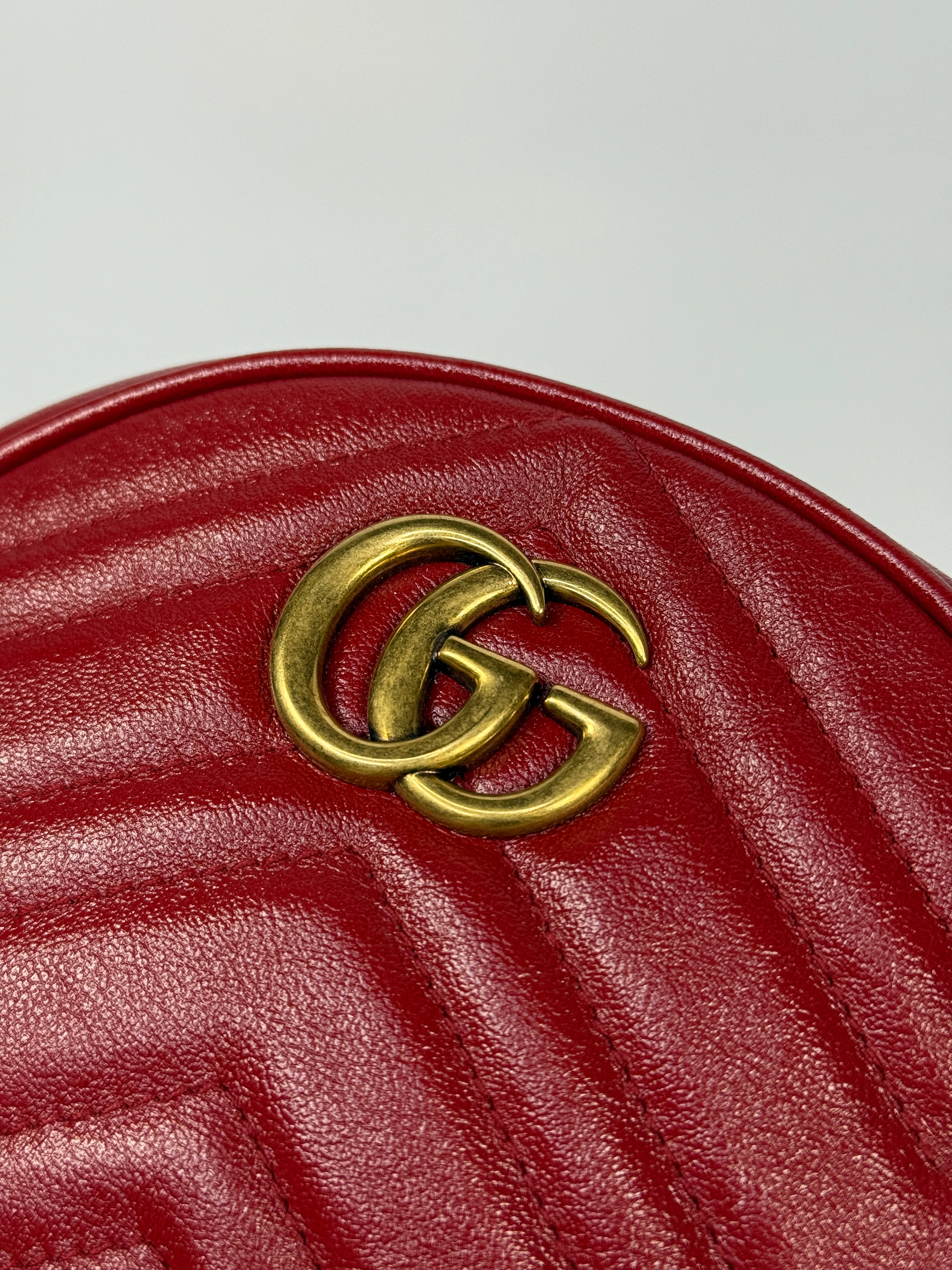 Gucci GG Marmont Round Shoulder Bag In Red Leather, very good condition. Authentic and preloved. 100% Authenticity guarantee