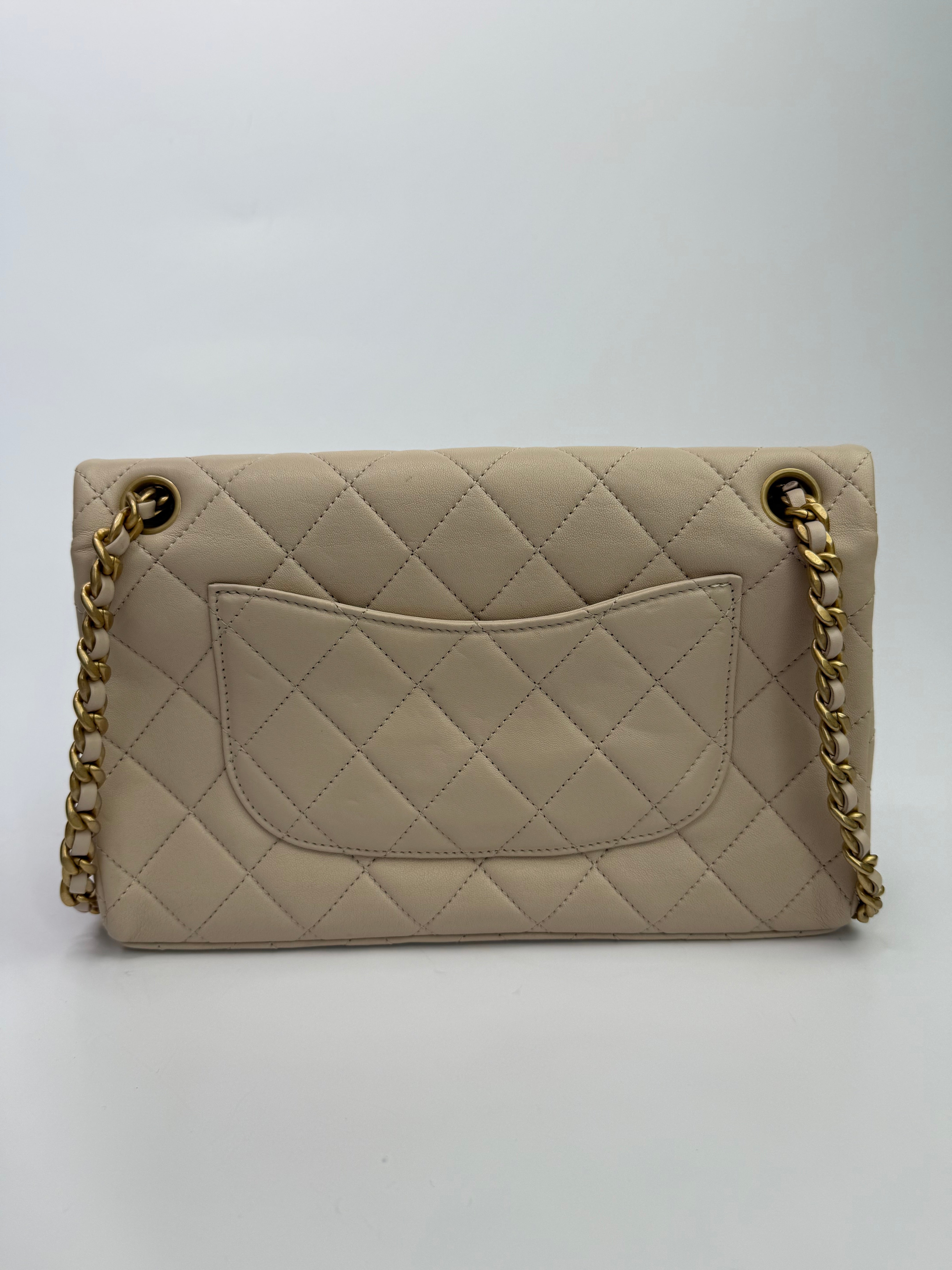 Chanel Medium Quilted Lambskin Logo Letters Touch Chain Flap Bag