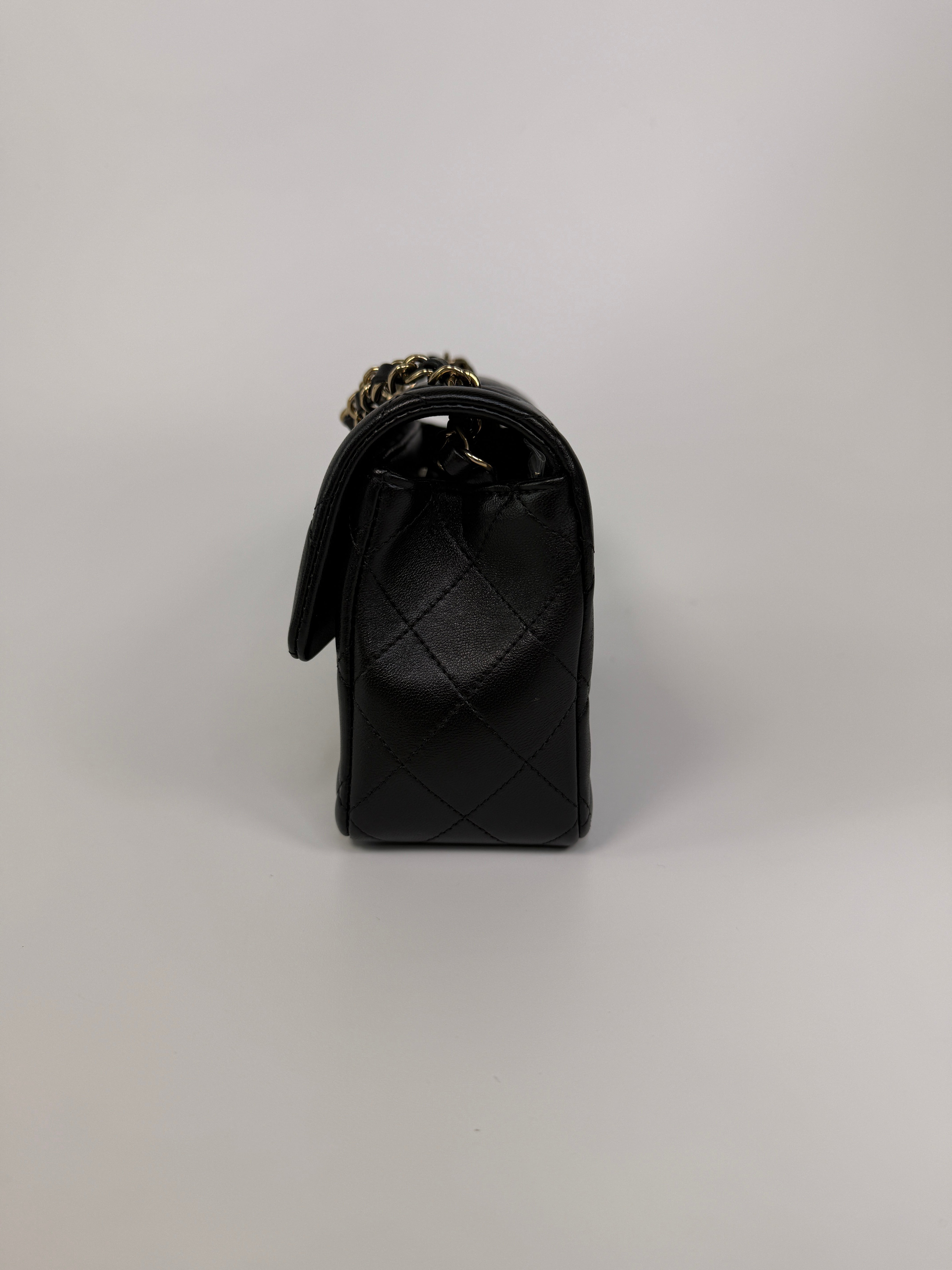 Chanel Mini Rectangle In Black Lambskin Leather With Pale Gold Hardware