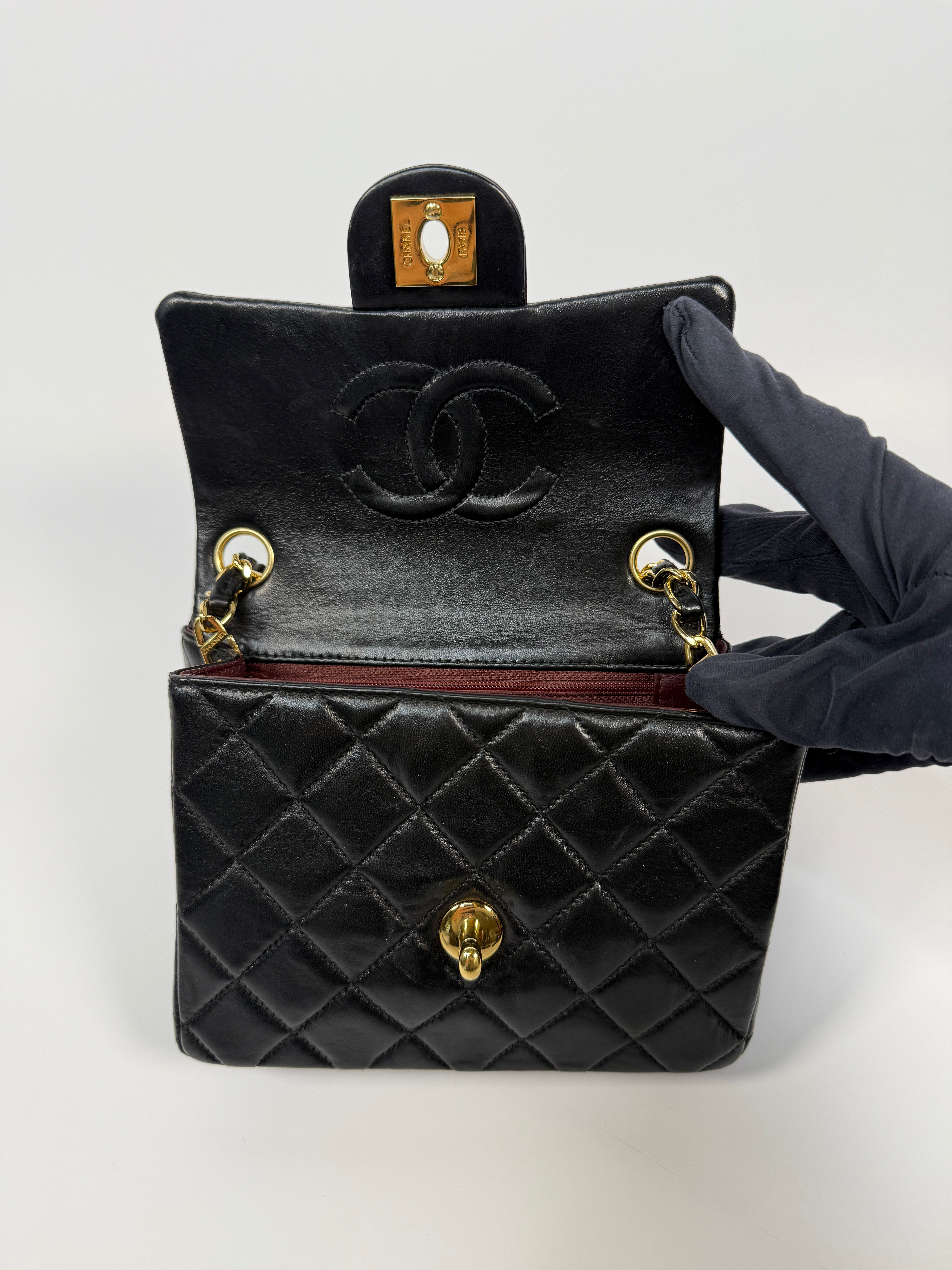 Chanel Black Square Vintage Flap Bag In Lambskin With Gold Hardware
Pre Loved & Authentic