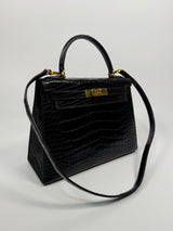 Hermès Vintage Kelly 28 In Shiny Black Crocodile With GHW