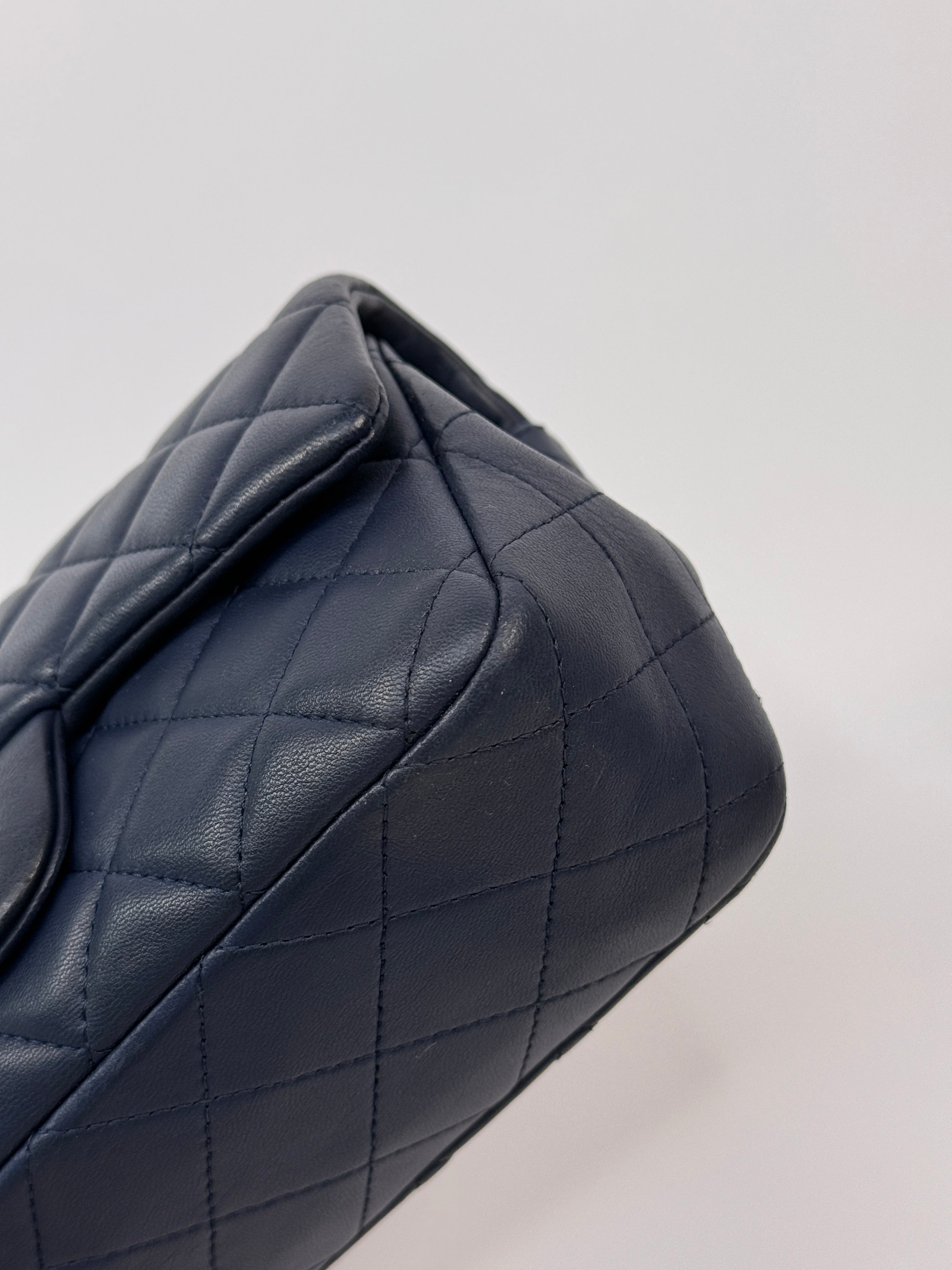 Chanel Mini Rectangle Flap Bag In Navy Lambskin With Silver Hardware
Pre Loved & Authentic