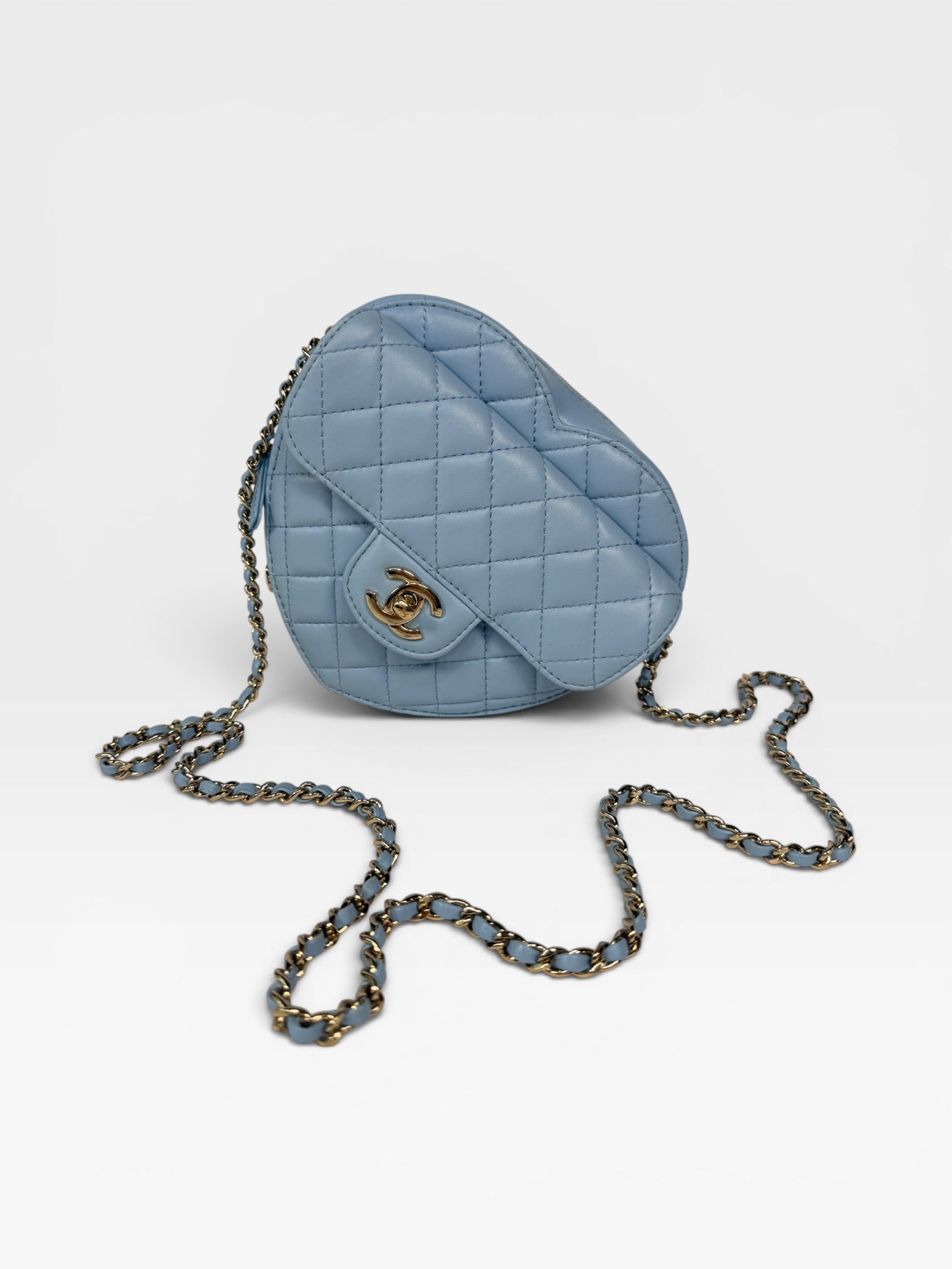 Chanel Heart Bag Large In Blue Lambskin Leather With Pale Gold Hardware. 100% authentic and preloved in excellent condition