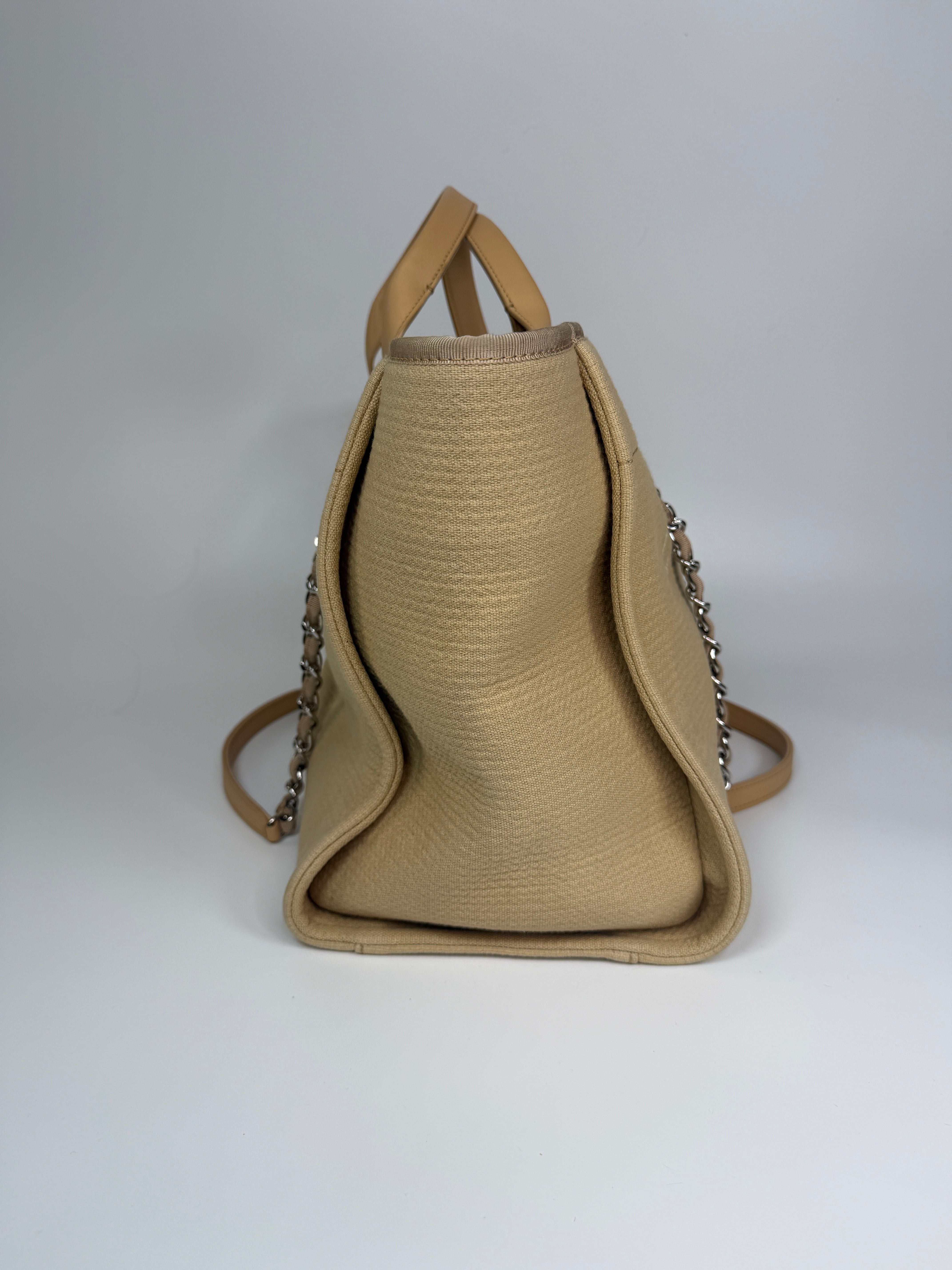 Chanel Large Deauville Tote Bag In Beige With Silver Hardware