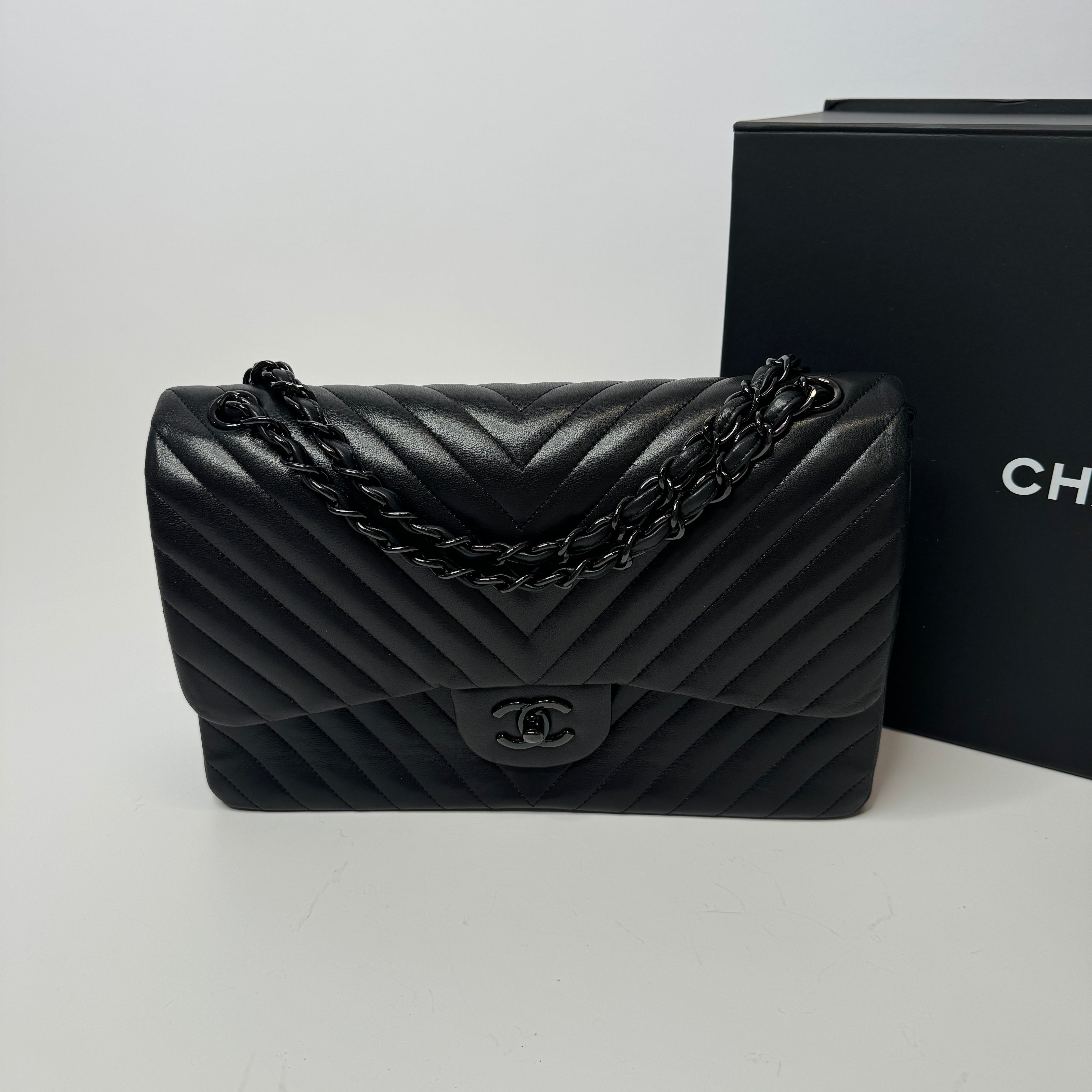 Chanel So Black Lambskin Leather Jumbo Classic Double Flap