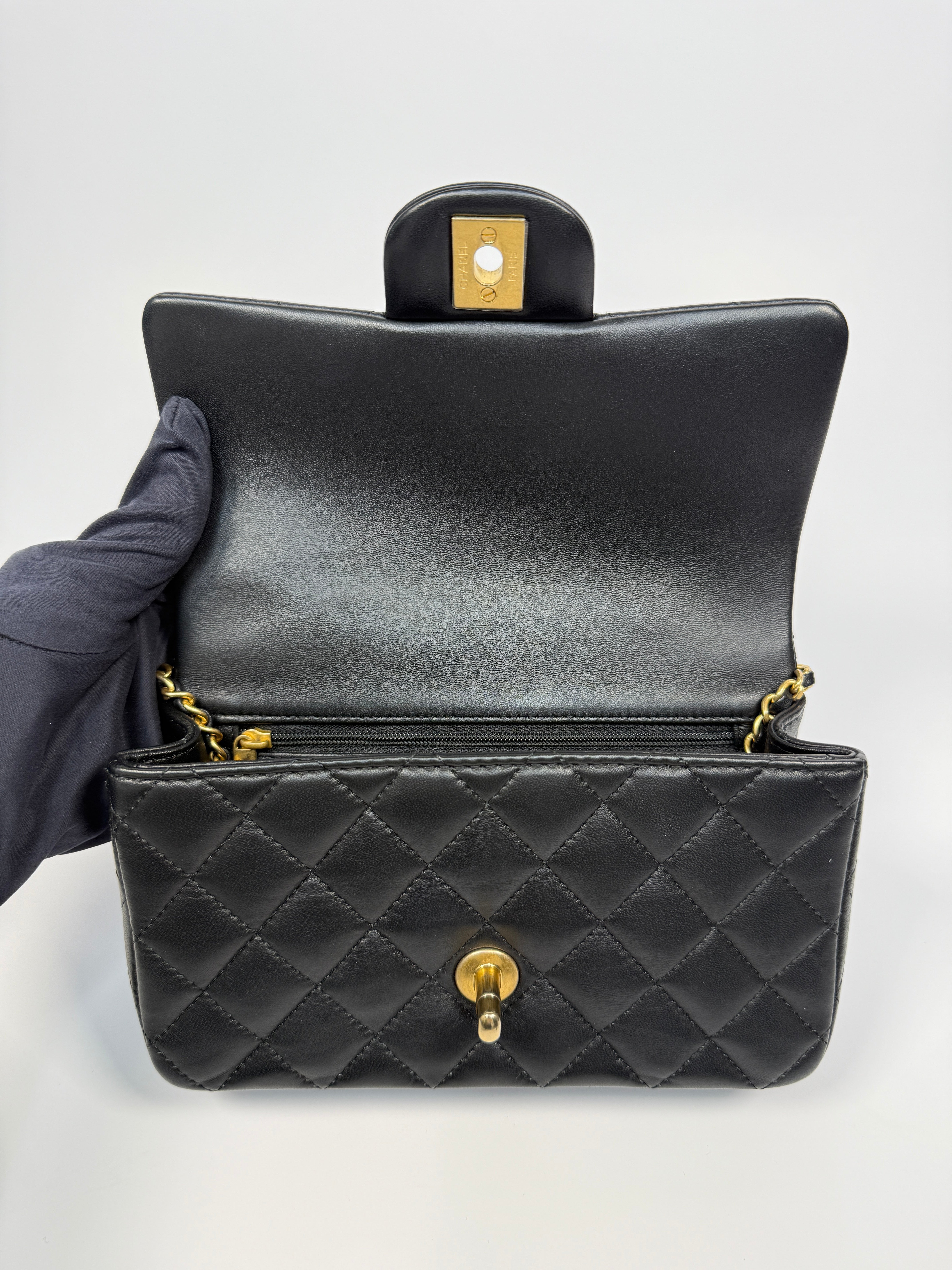 Chanel Mini Rectangle Top Handle Flap Bag In Black Lambskin With GHW