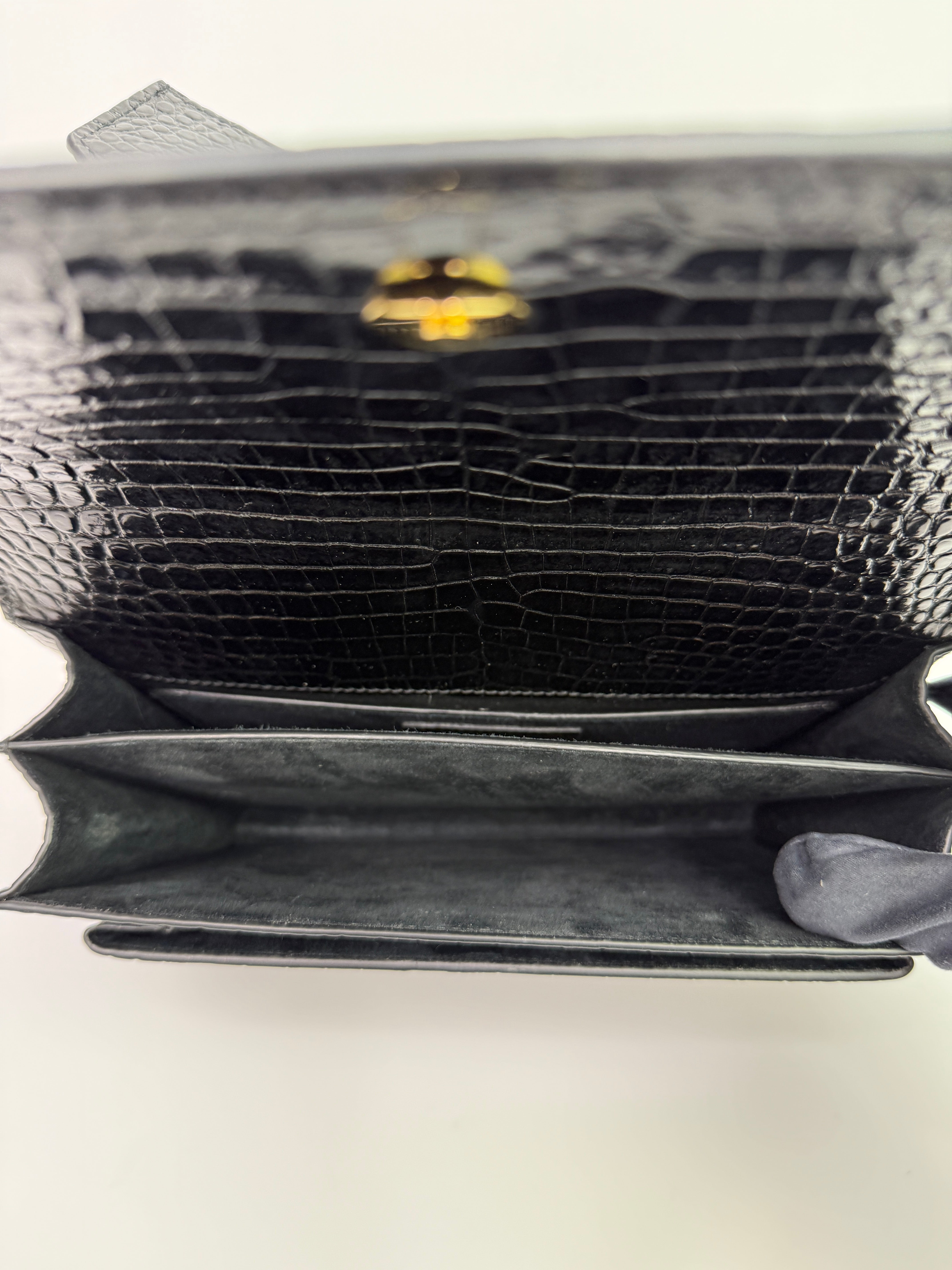 Saint Laurent Black Croc Embossed Sunset Bag