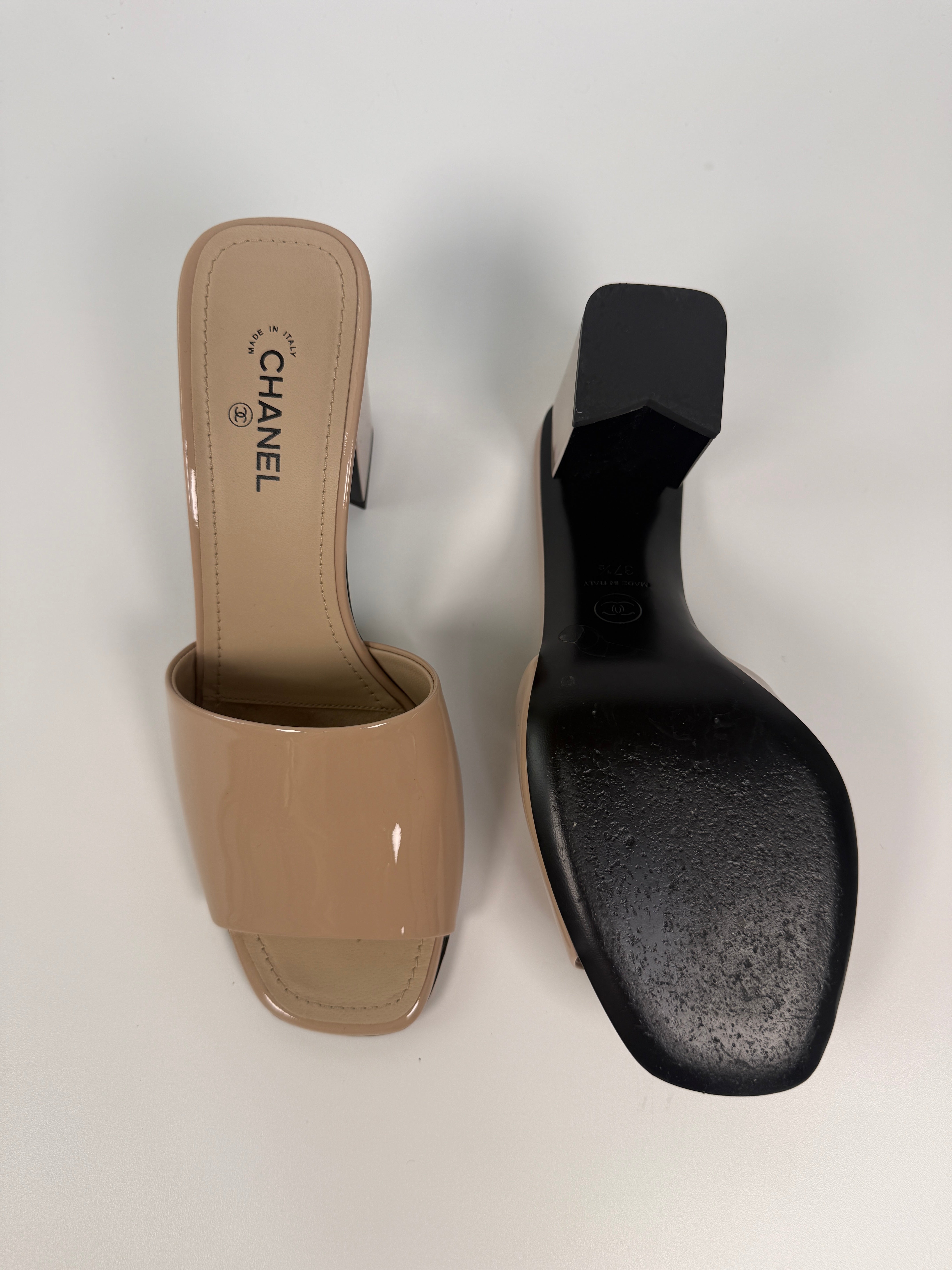 Chanel Heeled Mules In Nude Patent Leather (Size 37.5/UK4.5)