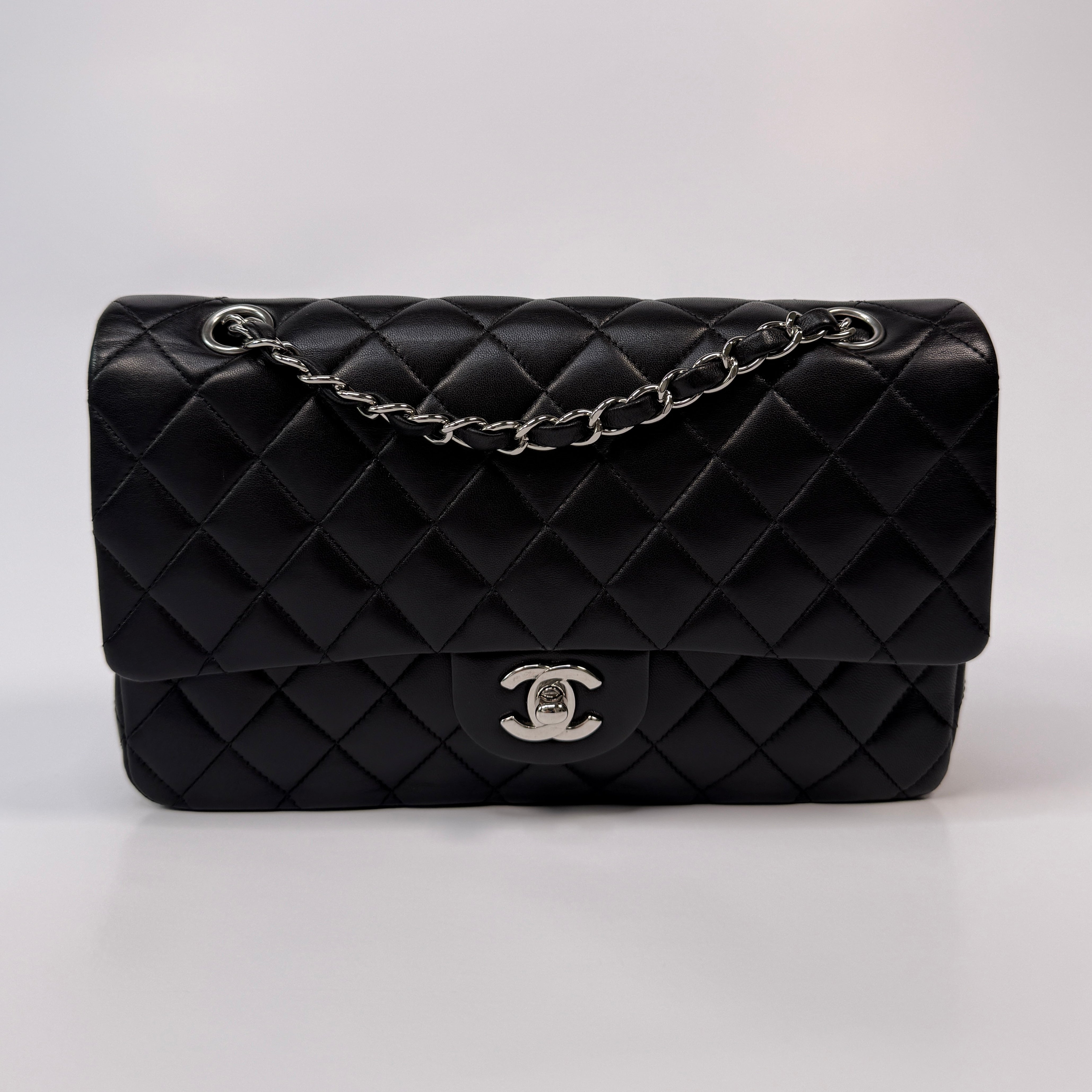 Chanel Medium Classic Double Flap Black Lambskin Leather With Silver Hardware
Pre Loved & Authentic