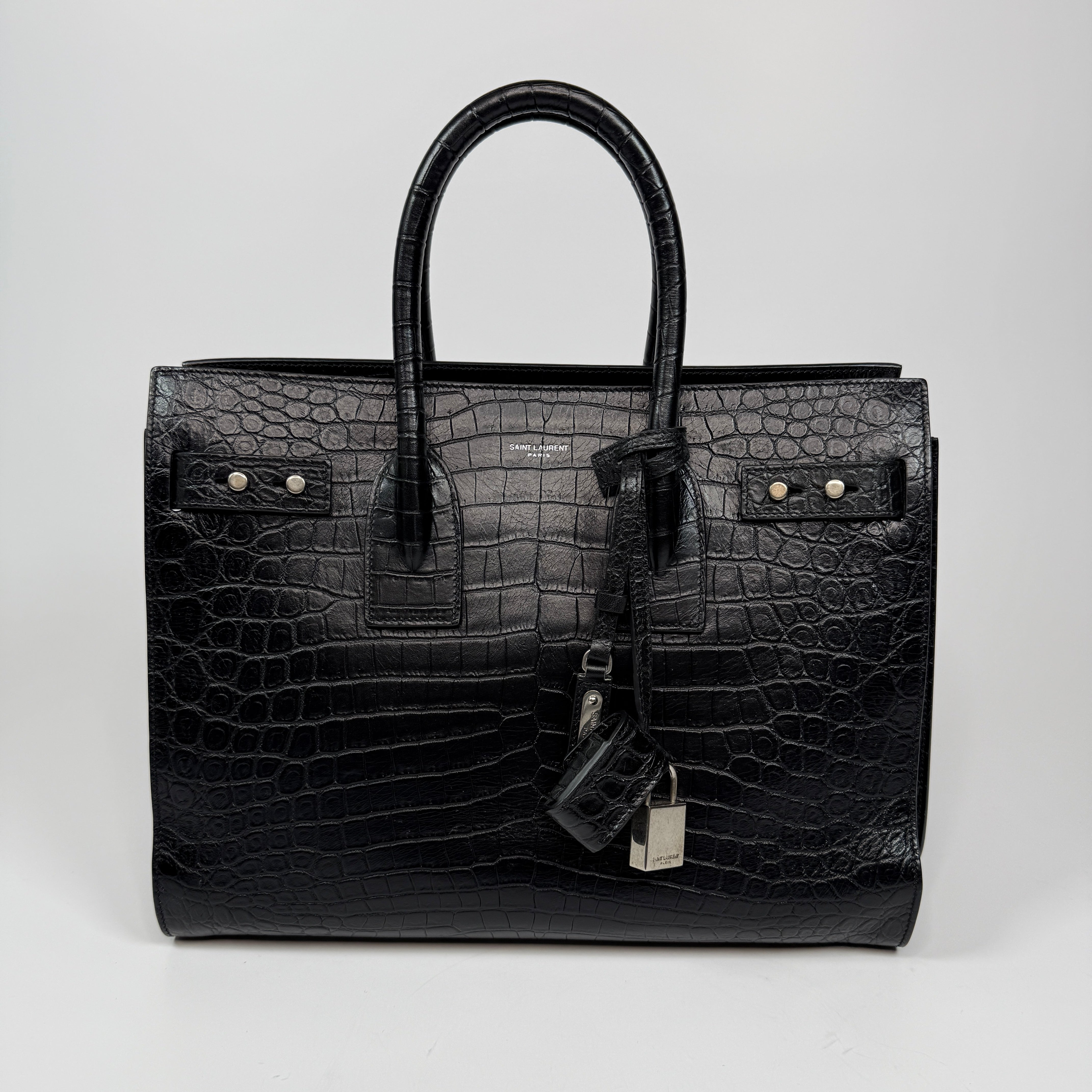 Saint Laurent Large Sac De Jour In Black Croc Embossed Leather With Silver hardware In excellent preloved condition Authentic and preloved.