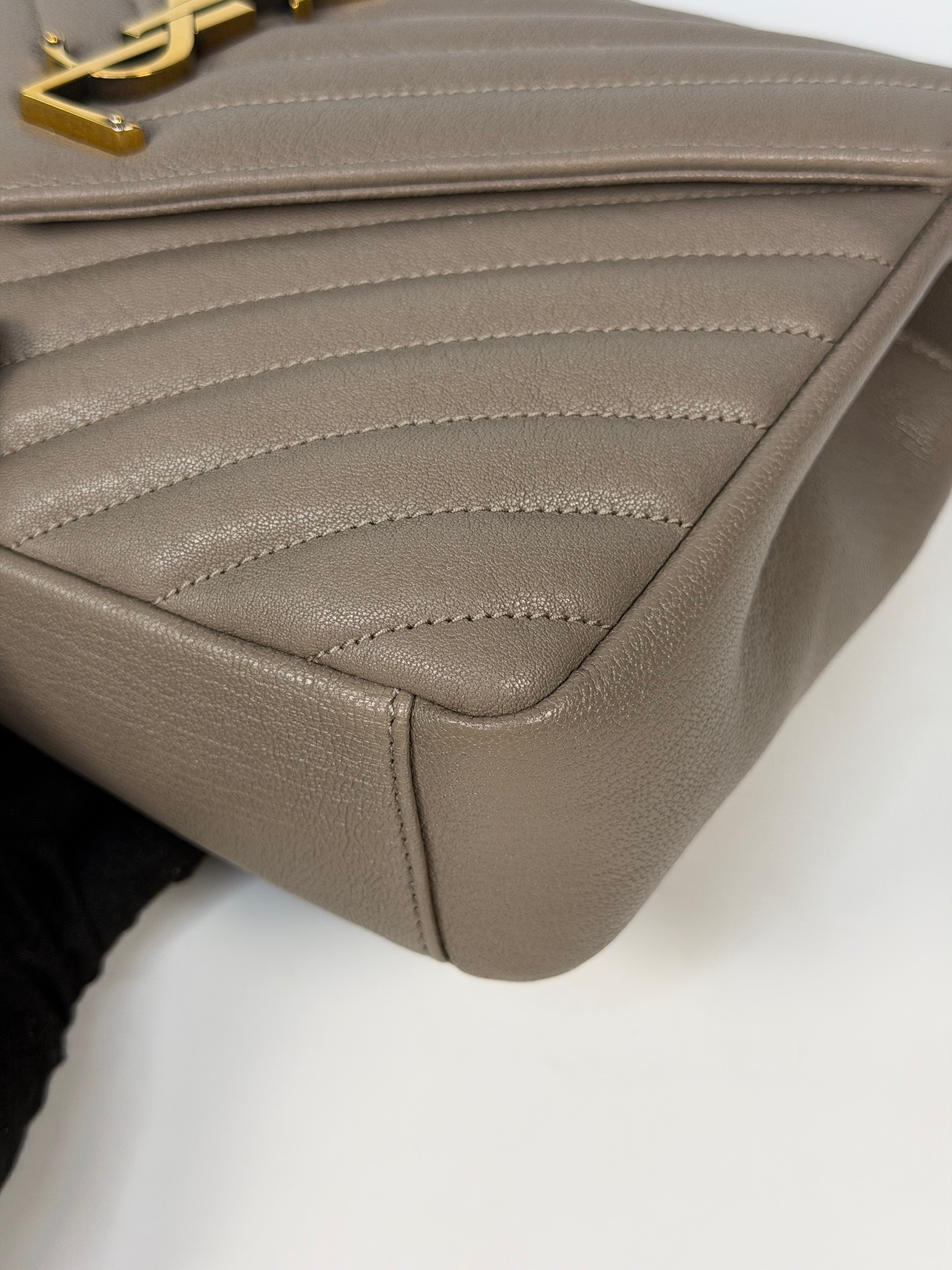 Saint Laurent Medium College Bag In Taupe Leather Gold Hardware. Authentic and preloved in new unused condition. Insured next day delivery. Verified by luxe cheshire