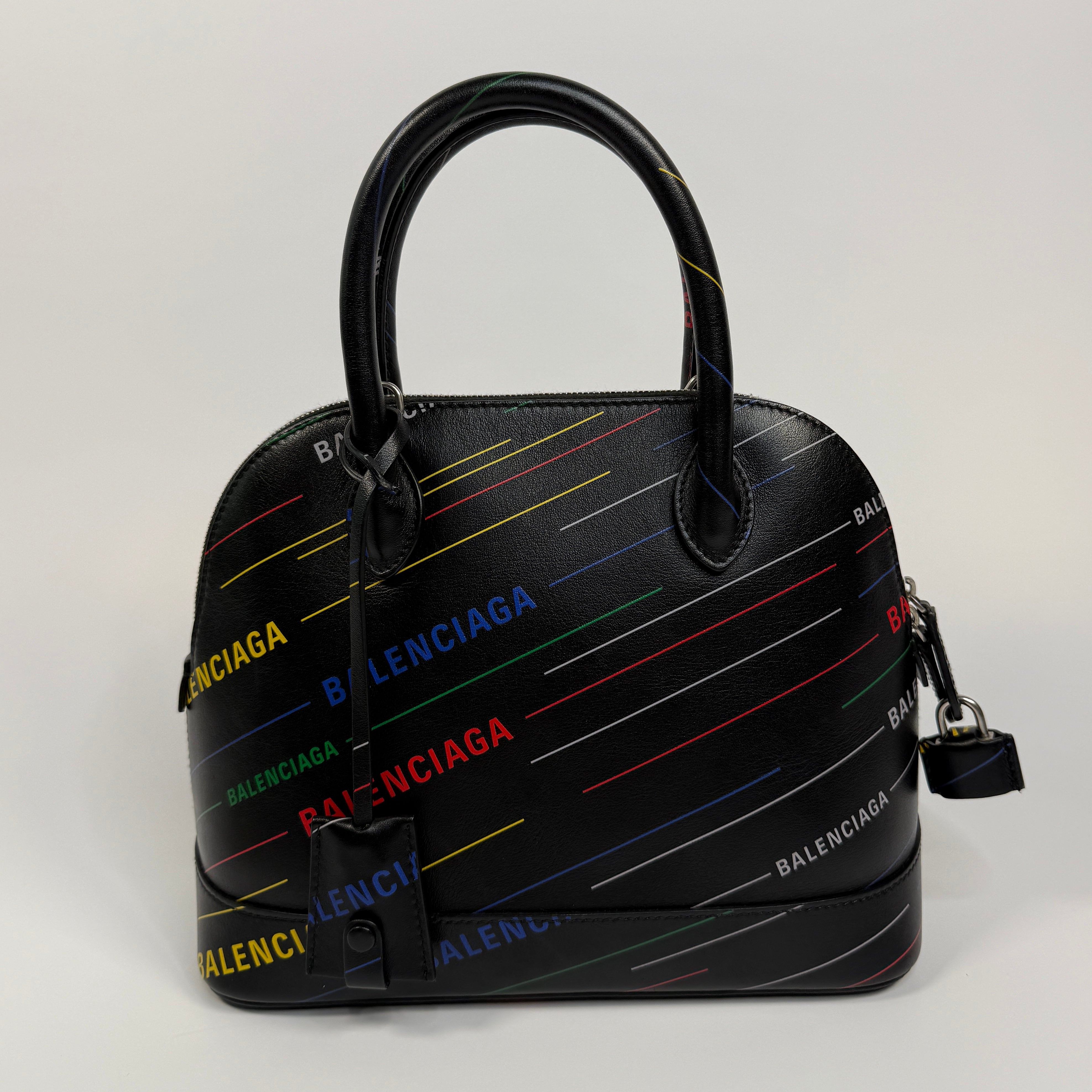 Balenciaga Ville Top Handle Bag In Black with Coloured Logo Writing. Authentic and preloved in excellent condition