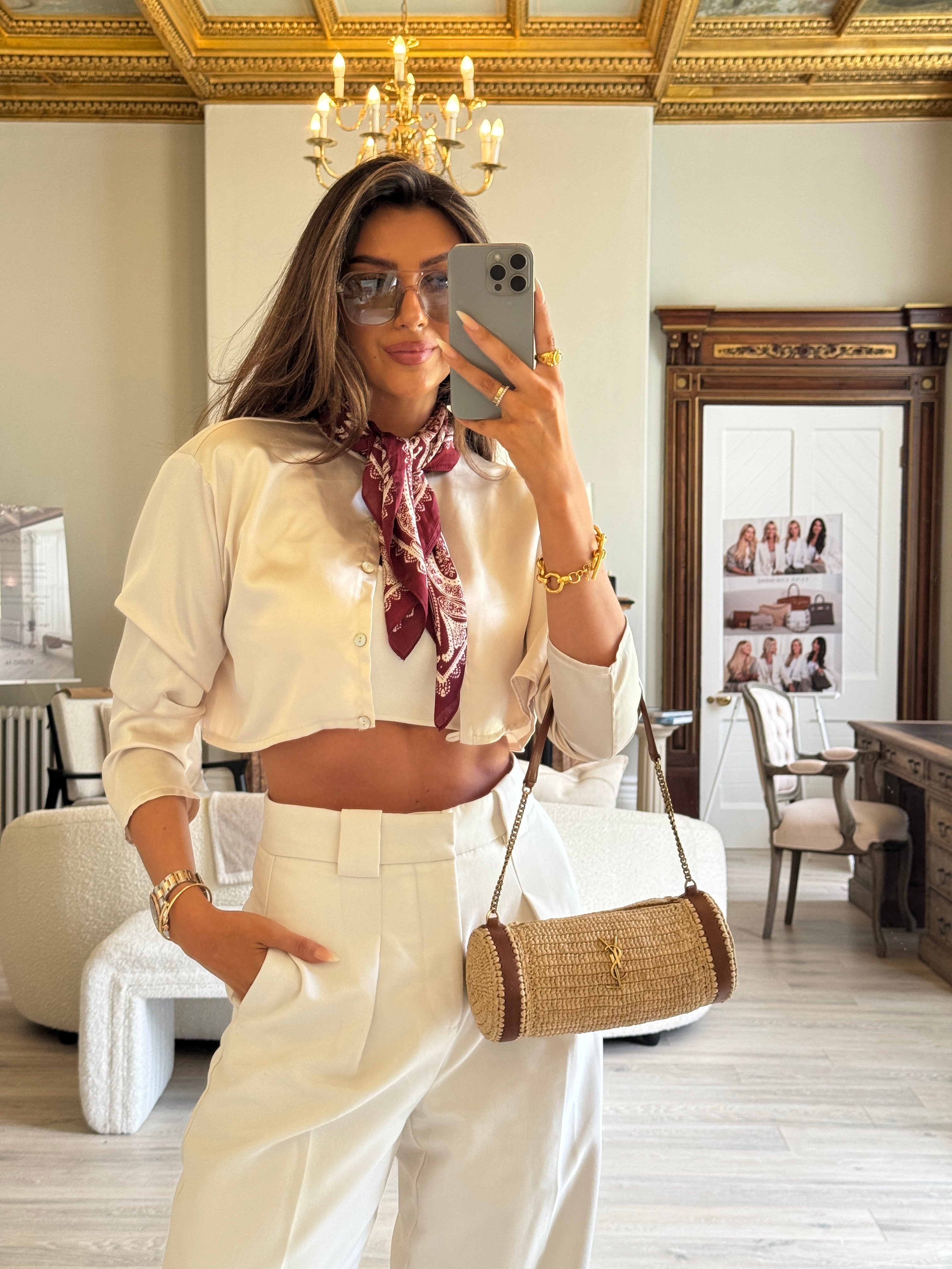 Saint Laurent Monogram Embellished Raffia Shoulder Bag