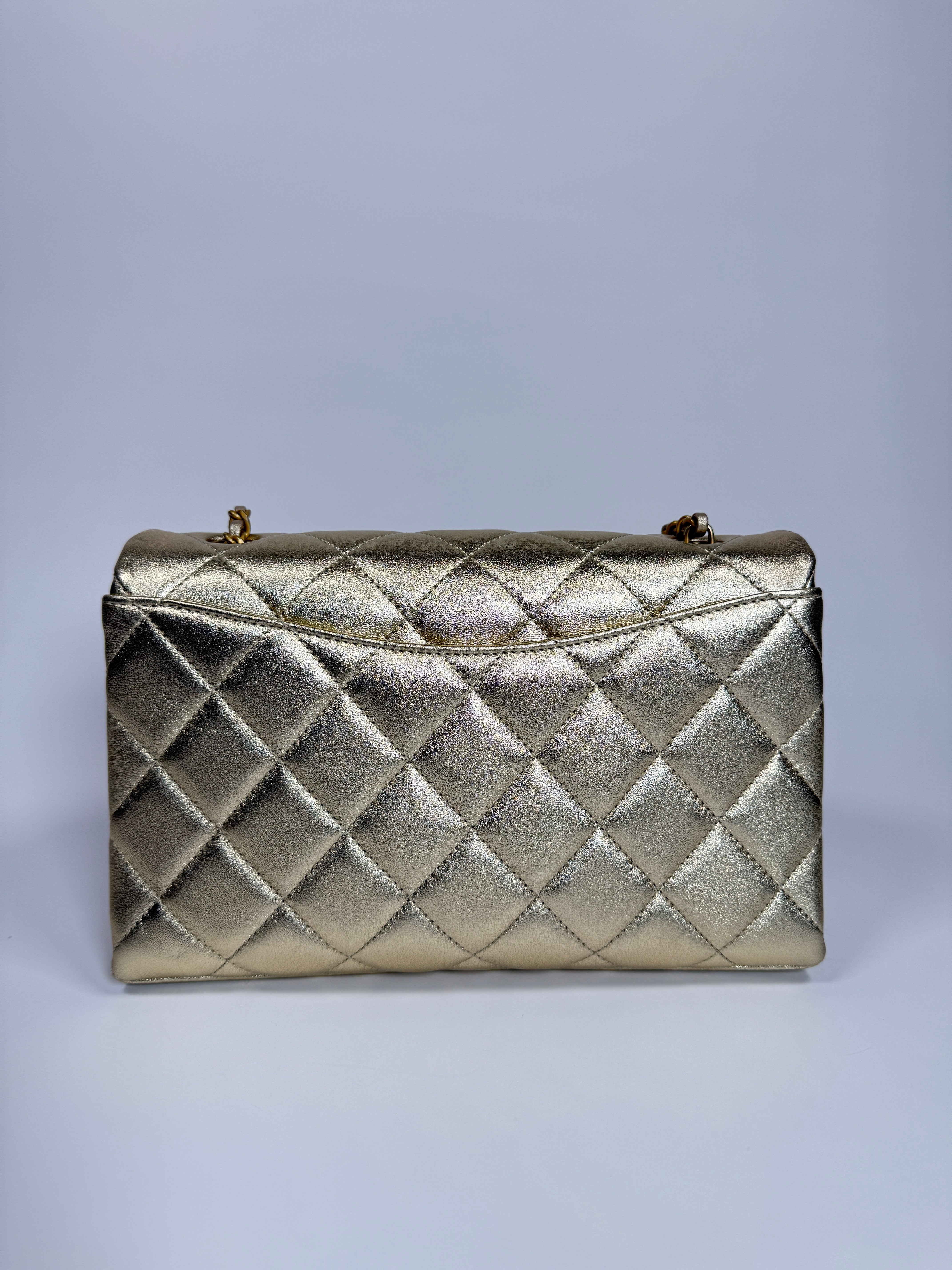 Chanel Mini Pearl Top Handle Flap Bag Metallic Gold Lambskin With GHW