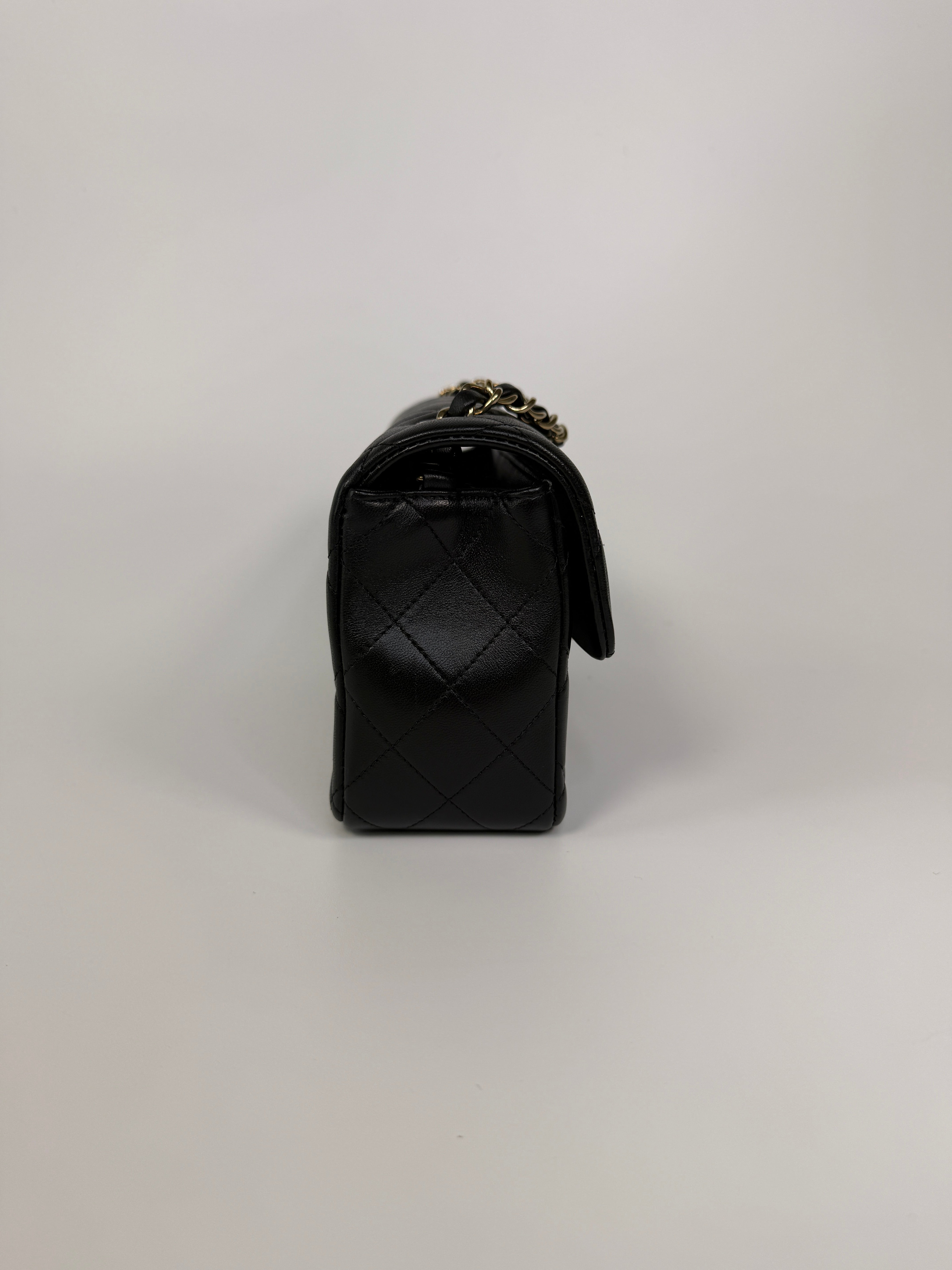 Chanel Mini Rectangle In Black Lambskin Leather With Pale Gold Hardware